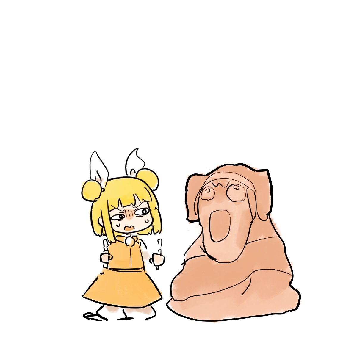 kyuukei usagi, haniyasushin keiki, joutouguu mayumi, touhou, highres, 1girl, blonde hair, double bun, dress, full body, hair bun, hair ribbon, kneeling, open mouth, ribbon, short hair, simple background, solo, statue, sweat, v-shaped eyebrows, white background, white ribbon, yellow dress