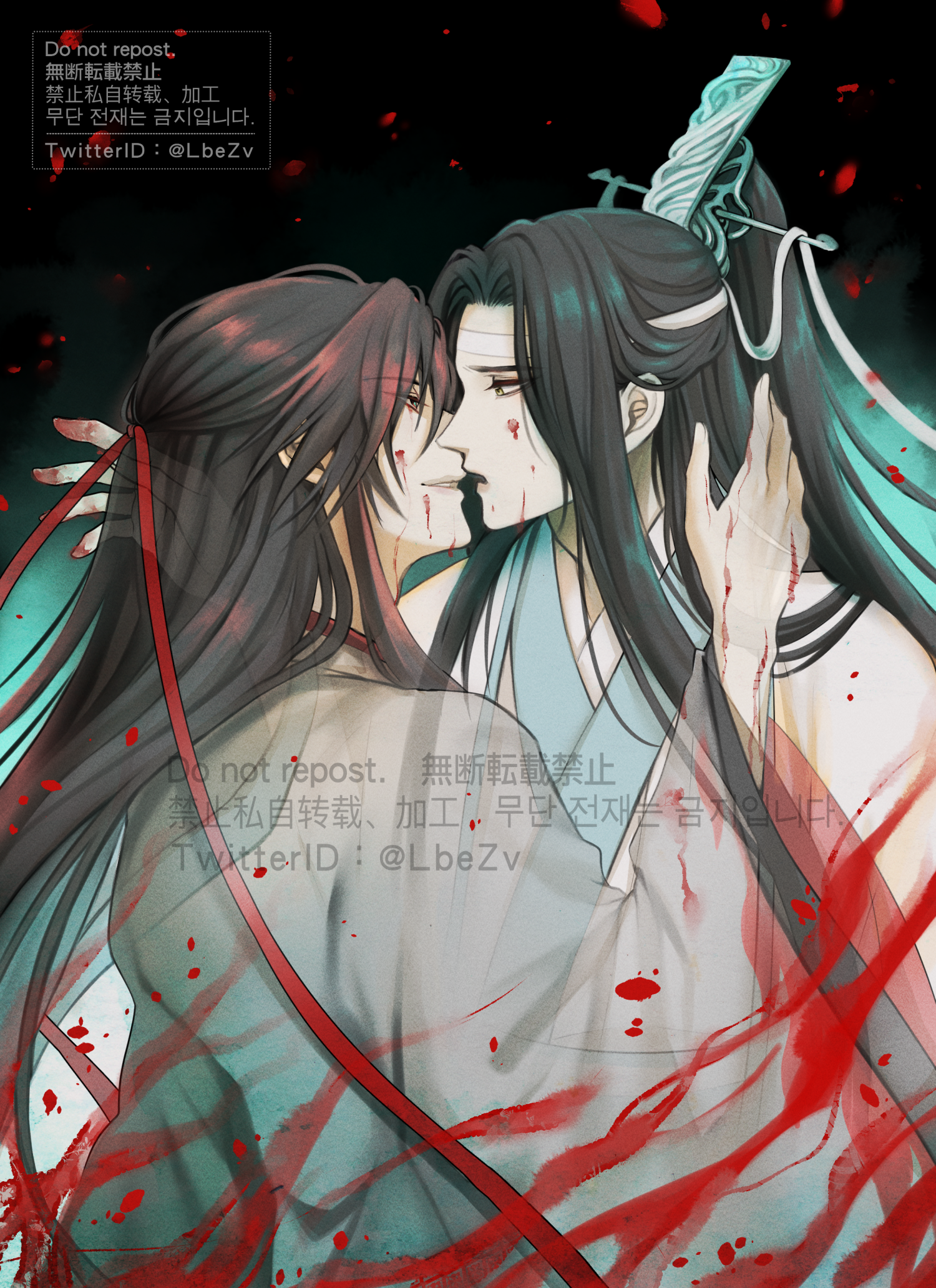 lan wangji, wei wuxian, wei wuxian (yiling laozu), modao zushi, highres, 2boys, bishounen, black background, black hair, blood, blood on body, blood on clothes, blood on face, blood on hands, chinese clothes, coat, colored smoke, eye contact, face-to-face, falling petals, from side, grey coat, hair down, hair ribbon, half updo, hand in another's hair, hand up, hanfu, headband, imminent kiss, long hair, long sleeves, looking at another, male focus, multiple boys, niroku (lbezv), official alternate costume, official alternate hairstyle, parted lips, petals, ponytail, profile, red eyes, red petals, red ribbon, ribbon, ribboned xiao guan, robe, sidelocks, smile, smoke, twitter username, upper body, watermark, white hanfu, white headband, white ribbon, wide sleeves, xiao guan (headdress), yaoi, yellow eyes