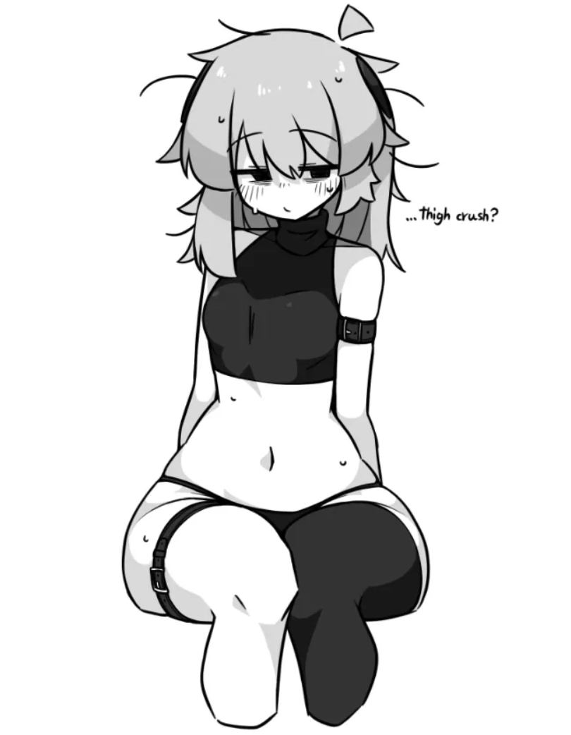 skkazu1, original, non-web source, 1girl, ahoge, arm strap, arms behind back, bare shoulders, black eyes, blush, breasts, closed mouth, crop top, cropped legs, exhausted, greyscale, hair between eyes, kazu (skkazu1), long hair, looking at viewer, medium hair, messy hair, midriff, monochrome, navel, panties, plump, pout, simple background, single thighhigh, sitting, sleeveless, small breasts, solo, sweat, thigh strap, thighhighs, underwear, white background