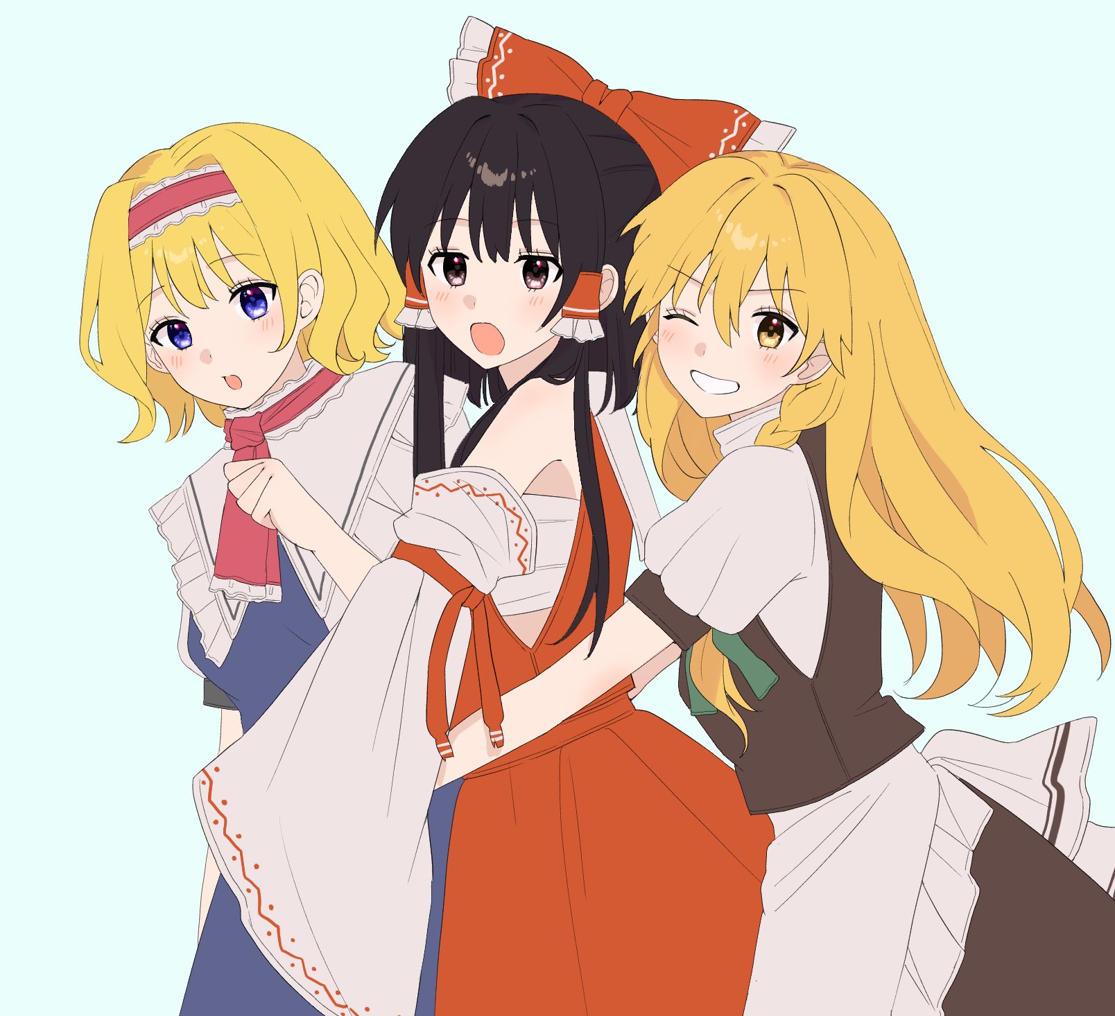 mati100311, alice margatroid, hakurei reimu, kirisame marisa, touhou, commentary, highres, 3girls, apron, black skirt, black vest, blonde hair, blue background, blue dress, blush, bow, braid, brown eyes, brown hair, capelet, detached sleeves, dress, frilled bow, frilled hair tubes, frills, grin, hair bow, hair tubes, hairband, hug, hug from behind, lolita hairband, long hair, looking at viewer, multiple girls, no headwear, one eye closed, open mouth, pink hairband, puffy short sleeves, puffy sleeves, purple eyes, red bow, red skirt, short sleeves, side braid, simple background, single braid, skirt, skirt set, smile, vest, waist apron, white apron, white capelet, yellow eyes
