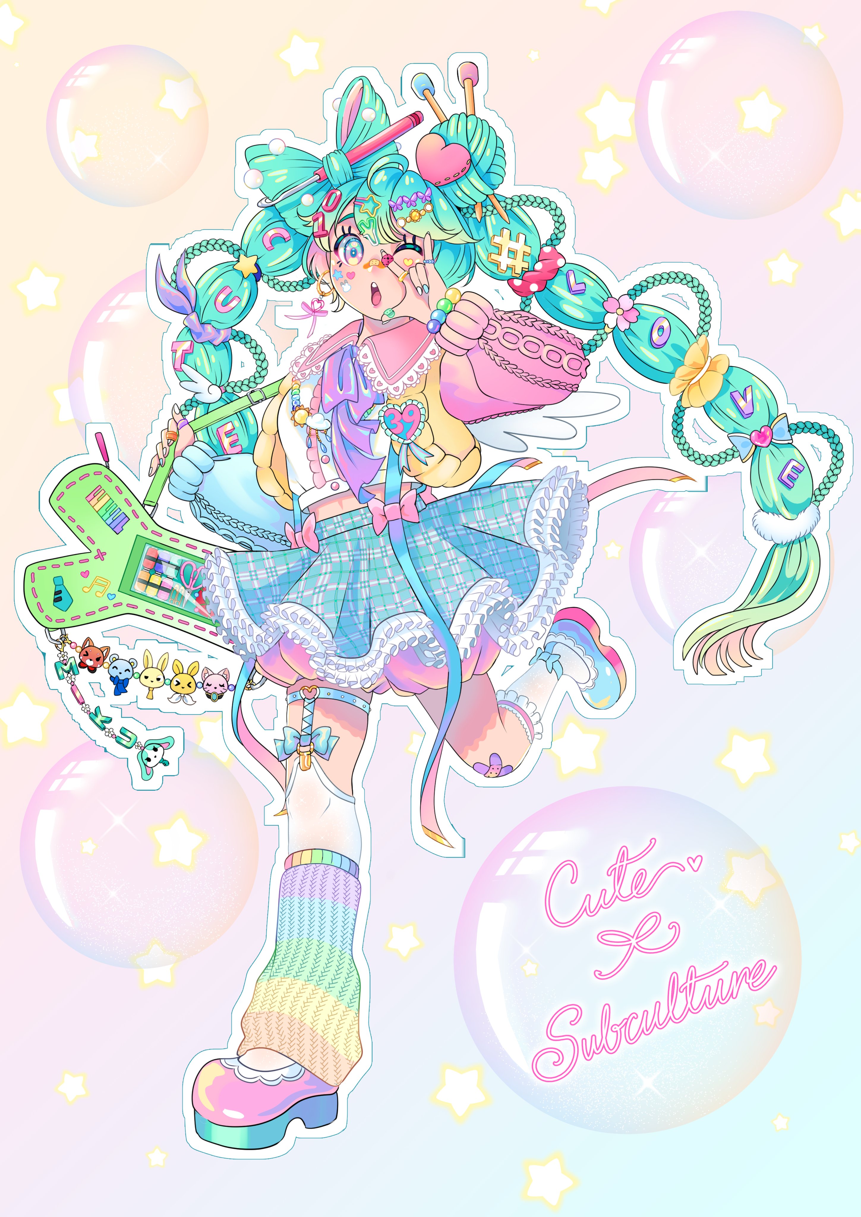 hikarisoul, hatsune miku, vocaloid, absurdres, commentary, english commentary, highres, 1girl, aqua hair, aqua skirt, asymmetrical footwear, asymmetrical legwear, bag charm, bead bracelet, beads, bow-shaped hair, bracelet, braid, bubble, cardigan, charm (object), colorful, cute x subculture hatsune miku design contest, decora, fairy kei, fashion, food-themed bag, garter straps, hair bun, jewelry, leg up, leg warmers, legwear garter, long hair, looking at viewer, mary janes, mismatched footwear, mismatched legwear, multi-tied hair, needle, one eye closed, open cardigan, open clothes, pastel colors, sewing needle, shirt, shoes, skirt, socks, solo, thighhighs, very long hair, walking, white shirt, white socks, white thighhighs, yarn, yarn ball, yellow cardigan, yume kawaii