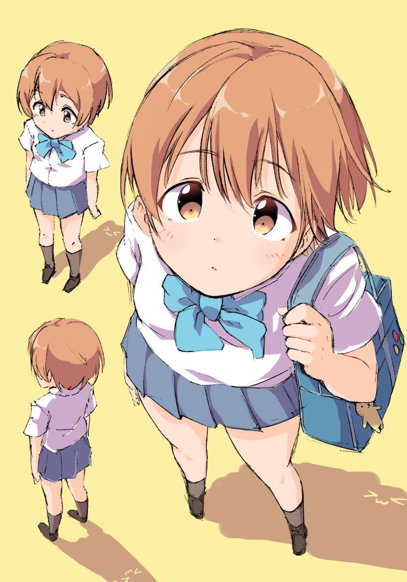 sen (sen0910), hoshizora rin, love live!, love live! school idol project, highres, > <, 1girl, :3, bag, blue bow, blue bowtie, blue skirt, bow, bowtie, closed mouth, from above, full body, holding strap, looking at viewer, multiple views, orange eyes, orange hair, pleated skirt, shadow, shirt, short hair, short sleeves, shoulder bag, simple background, skirt, standing, summer uniform, white shirt, yellow background
