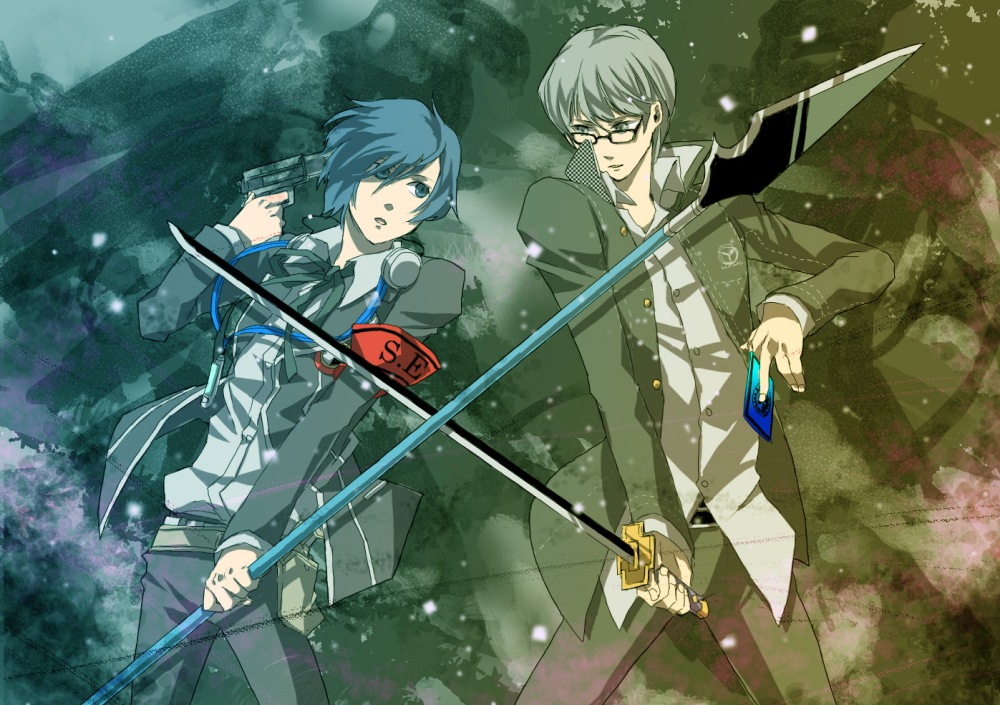 hashi, narukami yu, yuuki makoto (persona 3), atlus, persona, persona 3, persona 4, bad id, bad pixiv id, 2boys, armband, crossover, digital media player, digital walkman, evoker, glasses, gun, gun to head, headphones, holding, holding gun, holding weapon, male focus, multiple boys, school uniform, walkman nw-s203f, weapon