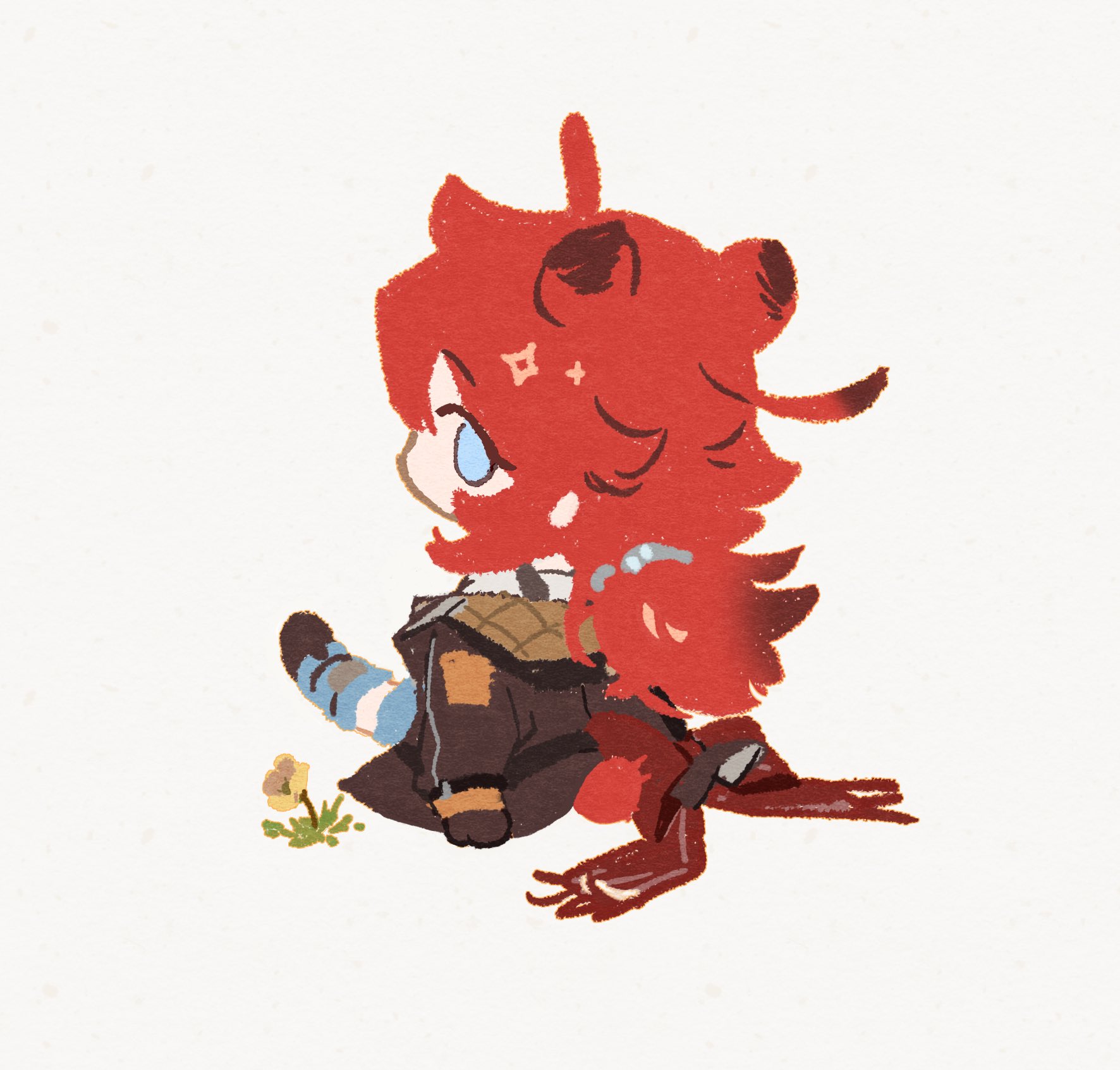 arknights, highres, 1girl, animal ears, banque (edrukine), bear ears, bear girl, bear tail, blue eyes, blue leg warmers, brown jacket, chibi, from behind, grey background, jacket, leg warmers, looking back, official artist extra, red hair, simple background, tail, vetochki (arknights)