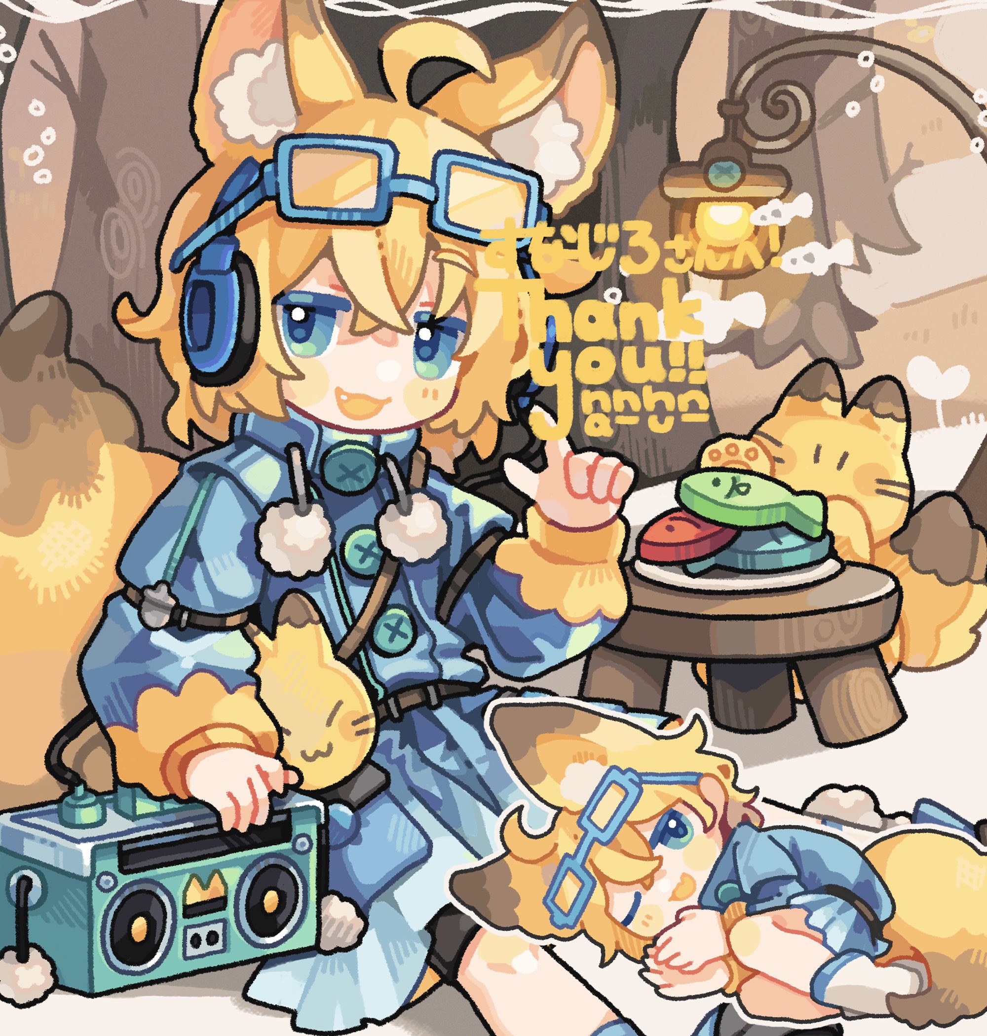 tabunnanhun, original, commentary, commission, highres, skeb commission, 1girl, :3, :d, ;d, ahoge, animal ear fluff, animal ears, blonde hair, blue-framed eyewear, blue eyes, blue shirt, blue skirt, blush stickers, boombox, borrowed character, buttons, chibi, crossed bangs, drawstring, eyewear on head, fang, feet out of frame, fox, fox ears, fox girl, fox tail, glasses, hand up, headphones, long sleeves, looking at viewer, one eye closed, open mouth, outdoors, pleated skirt, pom pom (clothes), shirt, short hair, sitting, skirt, smile, tail, thank you, tree