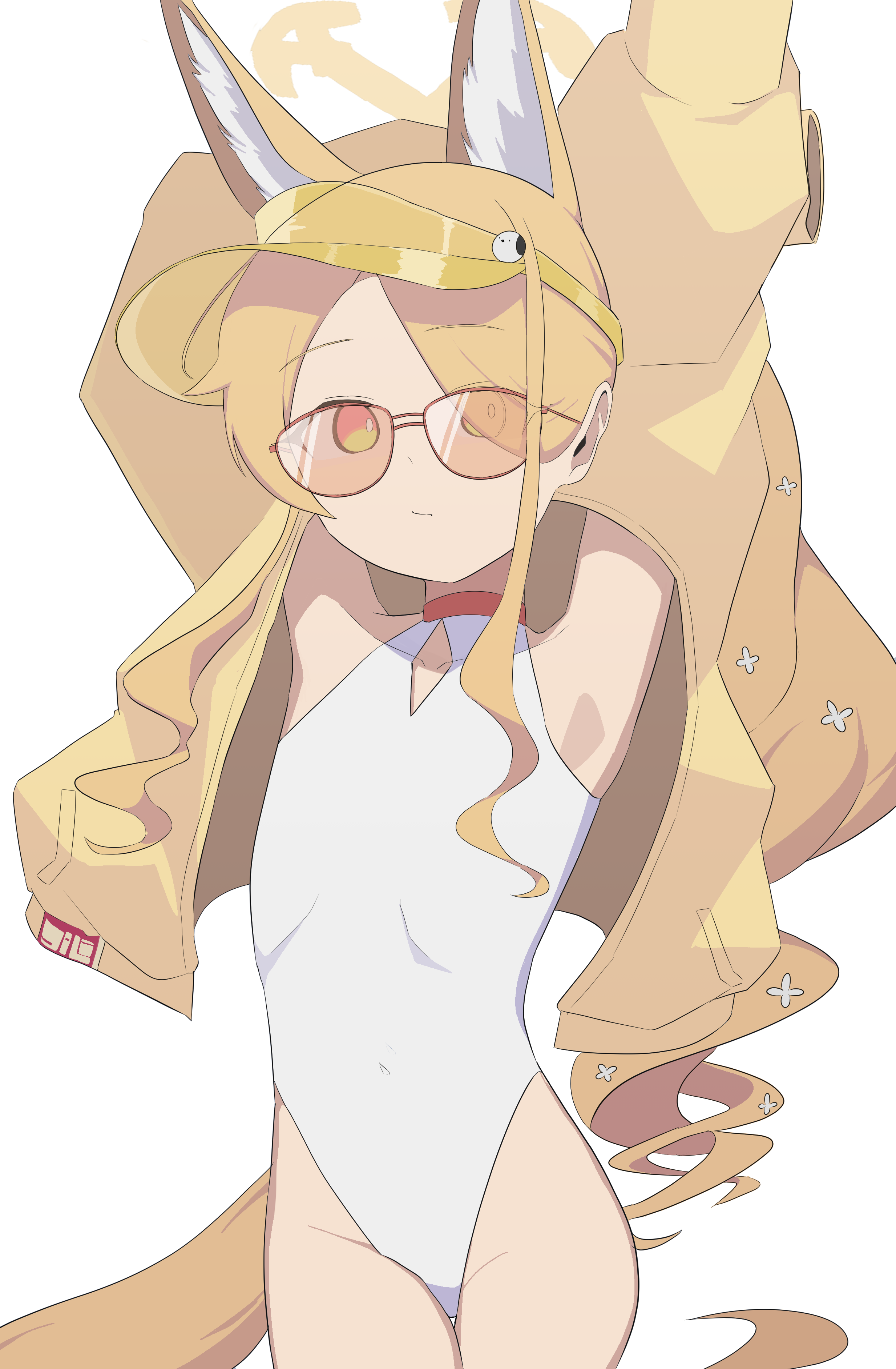 nqnqnt, seia (blue archive), seia (swimsuit) (blue archive), blue archive, absurdres, highres, 1girl, animal ear fluff, animal ears, arms up, blonde hair, breasts, clothing cutout, covered navel, cowboy shot, cross halo, diamond cutout, fox ears, fox girl, fox tail, halo, highleg, highleg one-piece swimsuit, jacket, long hair, official alternate costume, official alternate hairstyle, one-piece swimsuit, orange-tinted eyewear, orange eyes, side ponytail, simple background, small breasts, solo, sunglasses, swimsuit, tail, tinted eyewear, visor cap, white background, white one-piece swimsuit, yellow halo, yellow jacket, yellow visor