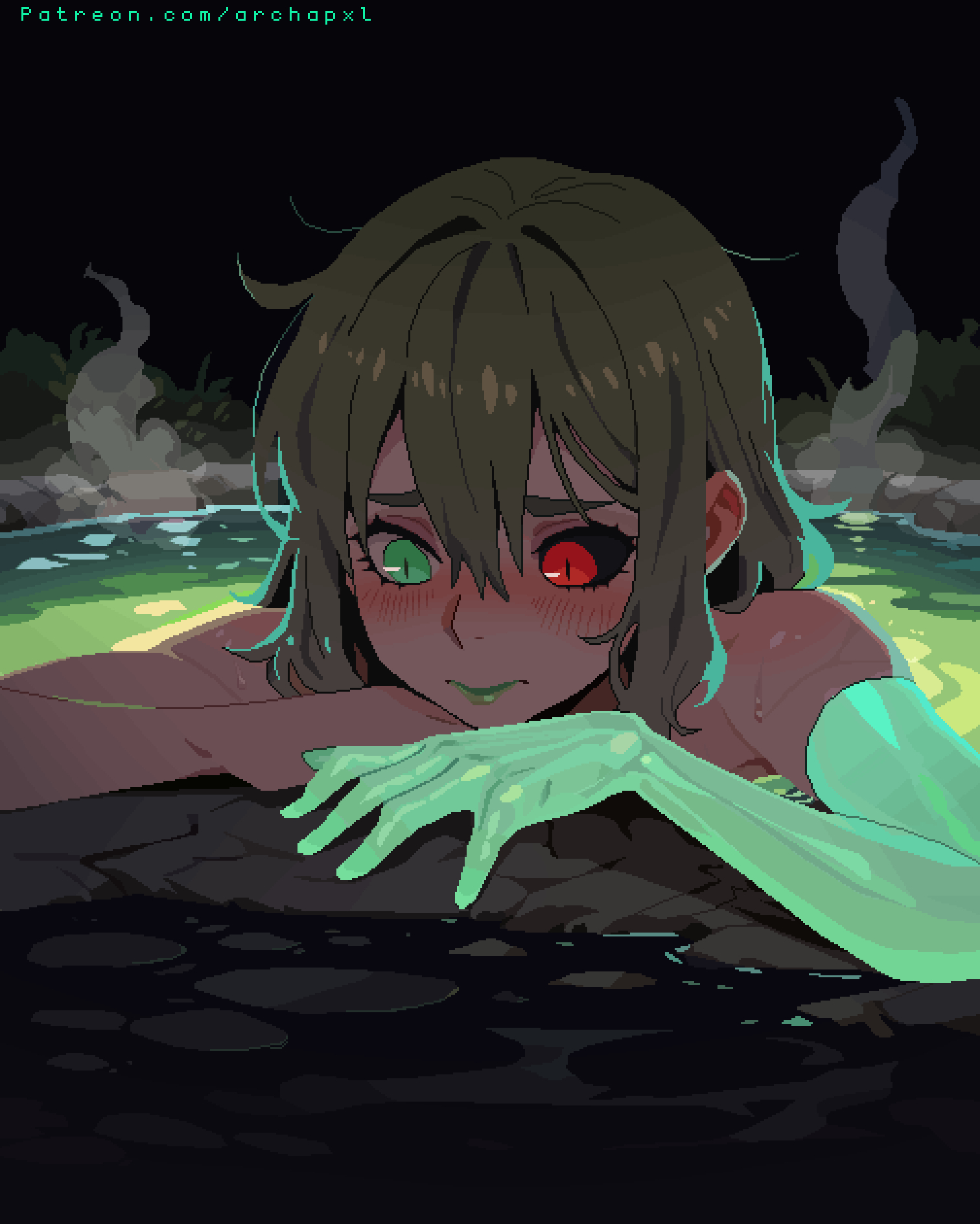 archapxl, melinoe (hades), hades (series), hades 2, highres, 1girl, asymmetrical arms, blonde hair, blush, glowing arm, green arm, green eyes, green lips, heterochromia, mismatched sclera, nude, onsen, partially submerged, pixel art, red eyes, see-through body, short hair, solo, steam, water, wet, wet hair