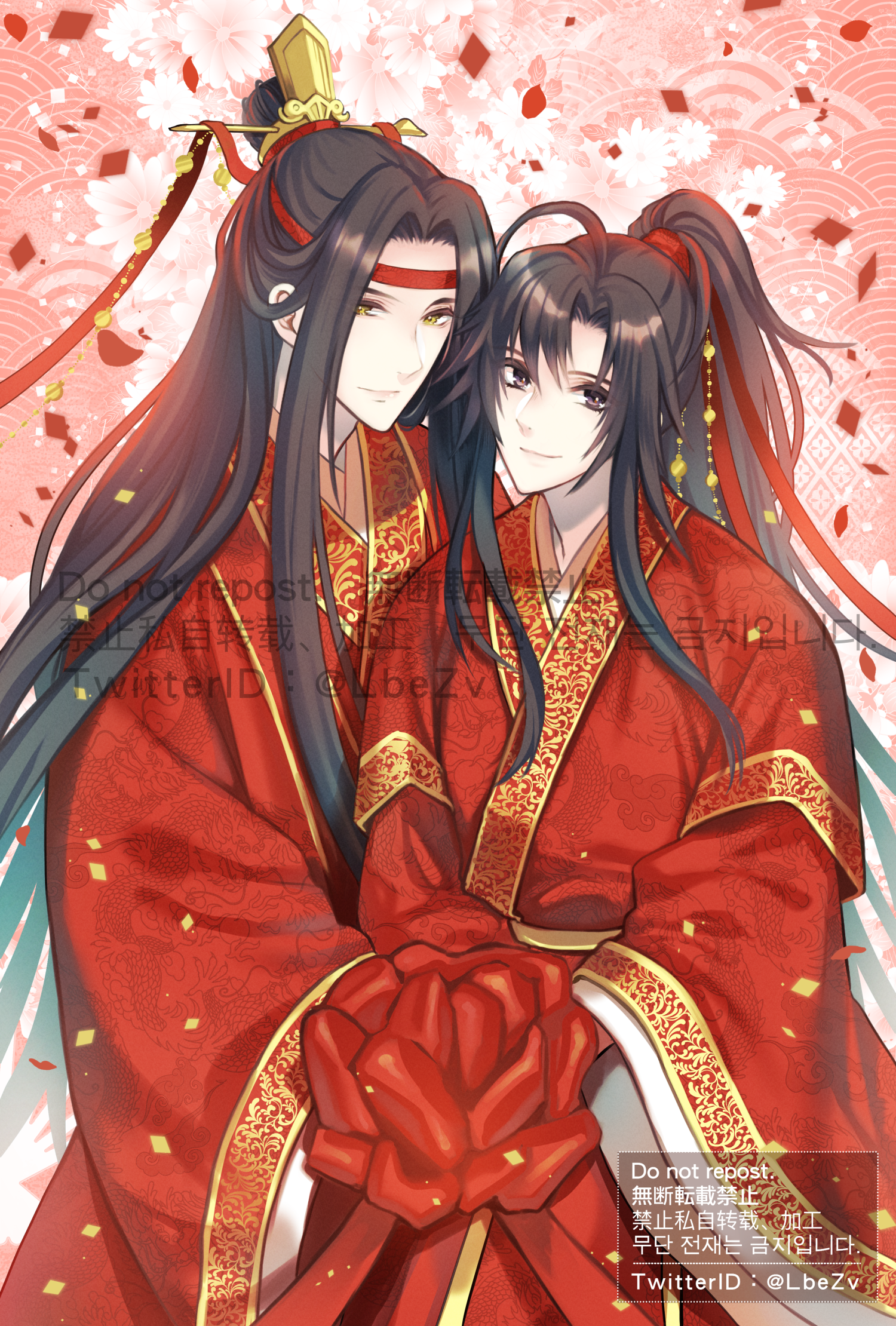 lan wangji, wei wuxian, modao zushi, highres, 2boys, ahoge, alternate costume, bishounen, black eyes, black hair, chinese clothes, chinese wedding, closed mouth, confetti, couple, dress, falling petals, flower, hair ornament, hair ribbon, hanfu, headband, high ponytail, holding, holding flower, long hair, long sleeves, looking at viewer, male focus, multiple boys, niroku (lbezv), parted bangs, petals, ponytail, purple eyes, red flower, red hanfu, red headband, red ribbon, ribbon, ribboned xiao guan, robe, sidelocks, sleeves past fingers, sleeves past wrists, smile, standing, topknot, twitter username, very long hair, watermark, wedding dress, wide sleeves, xiao guan (headdress), yaoi, yellow eyes