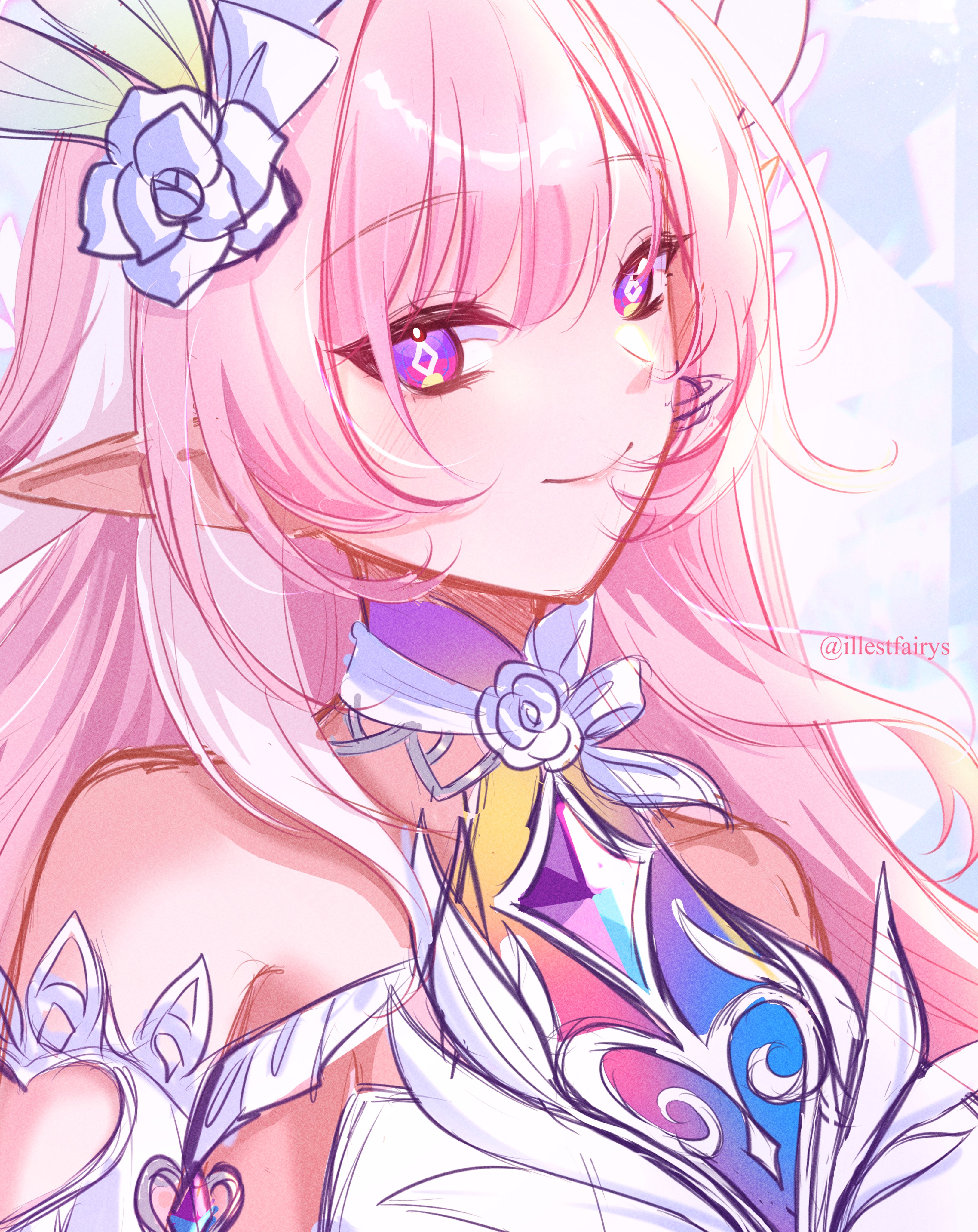 illestfairys, cyrene (honkai: star rail), cyrene (ripples of past reverie) (honkai: star rail), honkai: star rail, honkai (series), absurdres, commentary, english commentary, highres, unfinished, 1girl, bare shoulders, breasts, diamond-shaped pupils, diamond (shape), dress, hair ornament, large breasts, long hair, looking at viewer, pink hair, pointy ears, purple eyes, smile, solo, symbol-shaped pupils, twitter username, upper body, very long hair, white dress