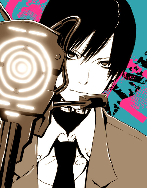 noro (king), nishi jouichirou, gantz, 00s, 1boy, black hair, blazer, bodysuit, gantz suit, h-gun, male focus, necktie, short hair, solo