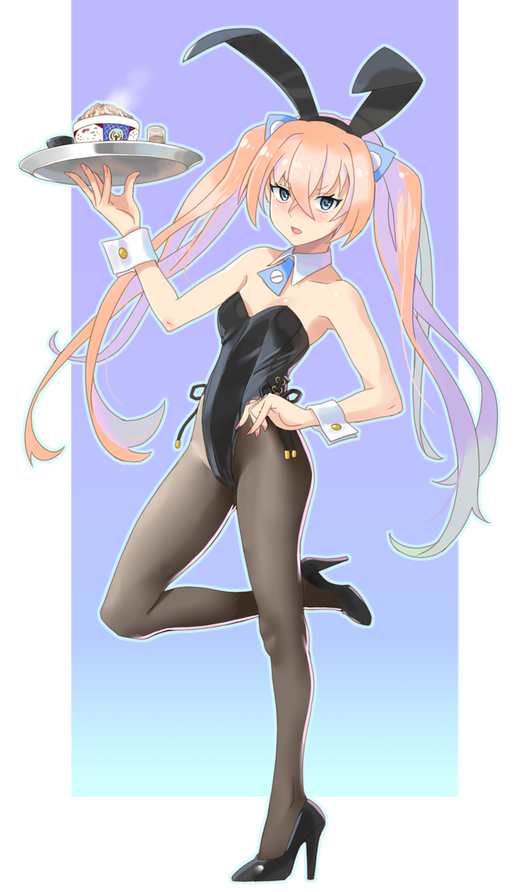 katahira masashi, original, commentary request, highres, 1girl, animal ear hairband, animal ears, black leotard, black pantyhose, black shoes, blonde hair, blue eyes, blue necktie, detached collar, fake animal ears, food, full body, gradient hair, hairband, high heels, leotard, long hair, multicolored hair, necktie, pantyhose, playboy bunny, rabbit ears, rabbit tail, shoes, side-tie leotard, solo, standing, standing on one leg, strapless, strapless leotard, tail, tray, twintails, wrist cuffs