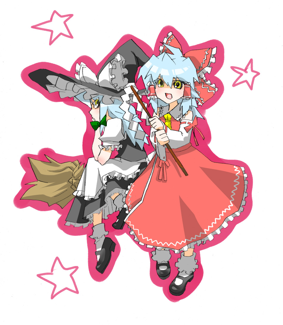 shimomoto, bakura ryou, hakurei reimu, kirisame marisa, touhou, yu-gi-oh!, yu-gi-oh! duel monsters, bad id, bad pixiv id, 2boys, blue hair, broom, clone, cosplay, crossdressing, crossdressing (mtf), crossover, detached sleeves, gohei, hakurei reimu (cosplay), hat, japanese clothes, kirisame marisa (cosplay), miko, multiple boys, witch, witch hat, yellow eyes