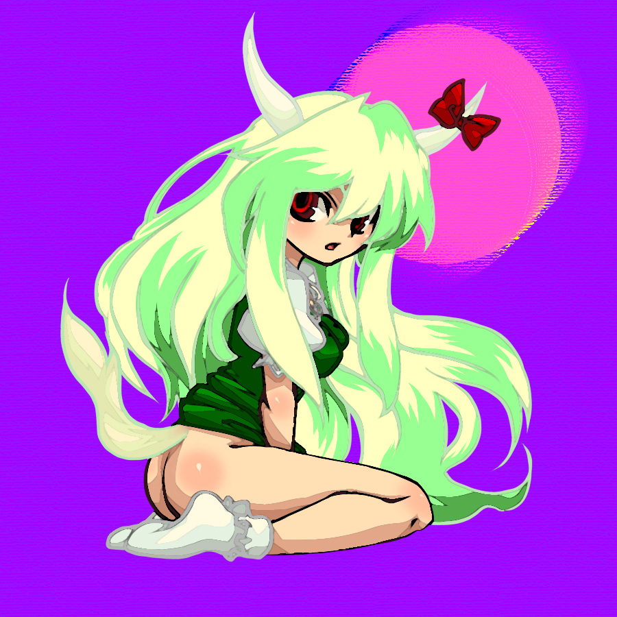 shimomoto, ex-keine, kamishirasawa keine, touhou, bad id, bad pixiv id, 1girl, ass, bottomless, breasts, female focus, full body, green hair, horns, long hair, no panties, red eyes, ribbon, socks, solo, tail