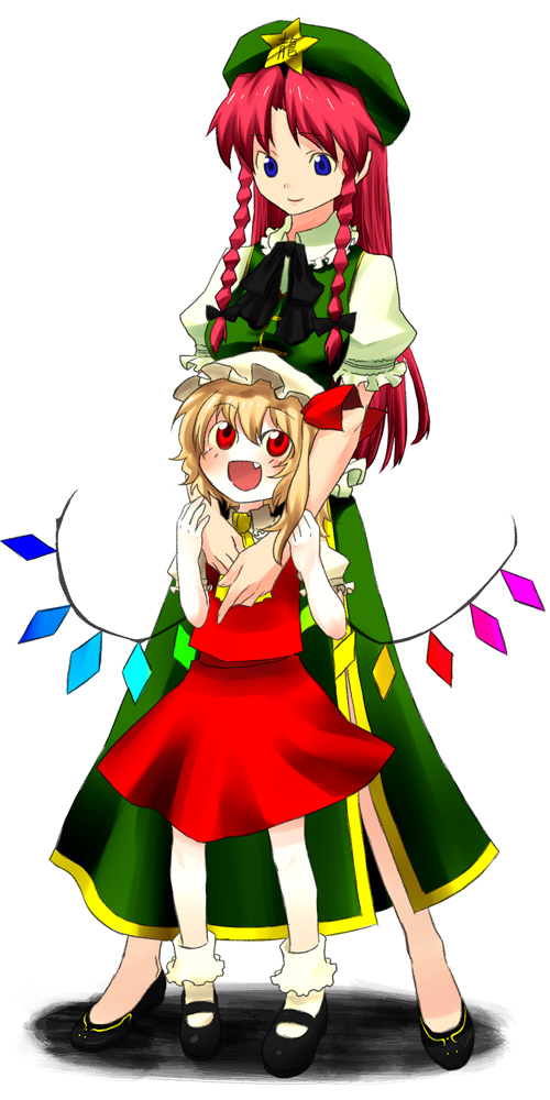 shimomoto, flandre scarlet, hong meiling, embodiment of scarlet devil, touhou, bad id, bad pixiv id, 2girls, blonde hair, blue eyes, braid, fang, female focus, hat, long hair, mob cap, multiple girls, red eyes, red hair, short hair, skirt, twin braids, vampire, white background, wings