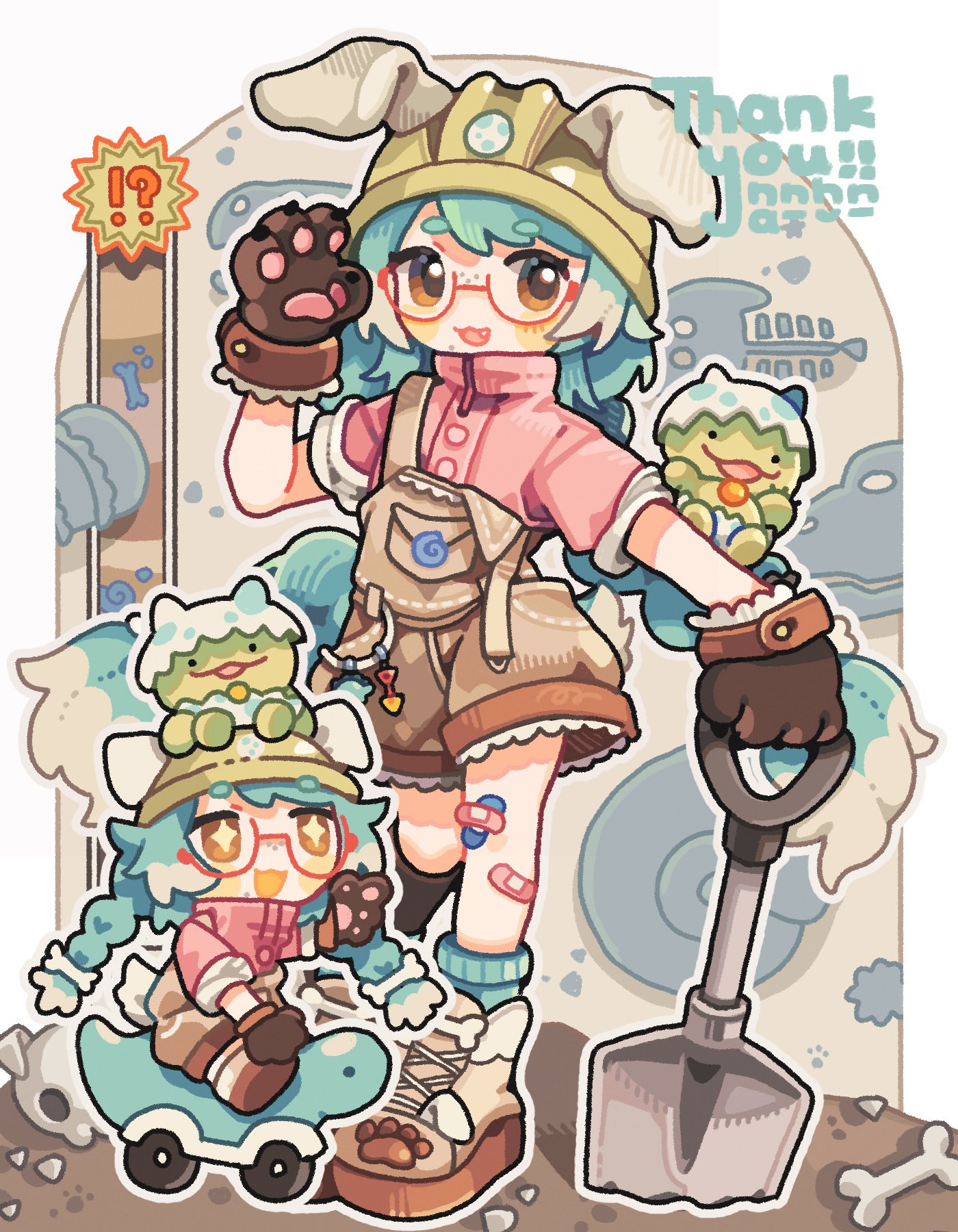 tabunnanhun, original, commentary, commission, highres, skeb commission, !?, + +, 1girl, :3, :d, animal ears, animal hands, asymmetrical legwear, bandaid, bandaid on knee, bandaid on leg, black socks, blue hair, blue socks, blush stickers, boots, braid, brown eyes, brown gloves, brown overalls, chibi, dog ears, dog girl, dog tail, fang, full body, glasses, gloves, green helmet, hand up, helmet, holding, holding shovel, long hair, looking at viewer, mismatched legwear, mole, mole under mouth, open mouth, overall shorts, overalls, paw gloves, pink shirt, red-framed eyewear, round eyewear, shirt, short sleeves, shovel, smile, socks, standing, strap slip, tail, thank you, thick eyebrows, twin braids, white boots