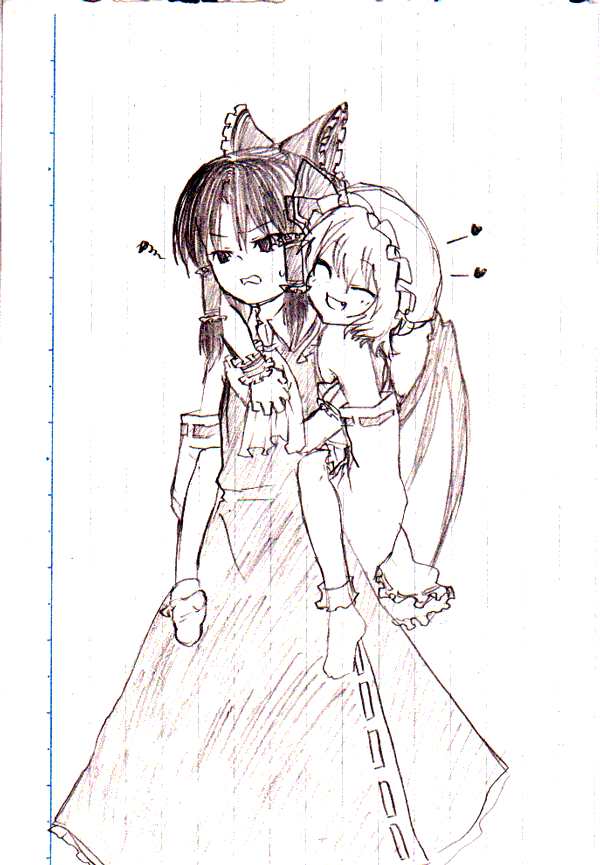 shimomoto, hakurei reimu, remilia scarlet, touhou, bad id, traditional media, 2girls, ascot, bat wings, bow, carrying, closed eyes, detached sleeves, fang, female focus, hair bow, hair tubes, hat, heart, japanese clothes, long skirt, miko, monochrome, multiple girls, piggyback, purple theme, short hair, sketch, skirt, skirt set, socks, vampire, wings
