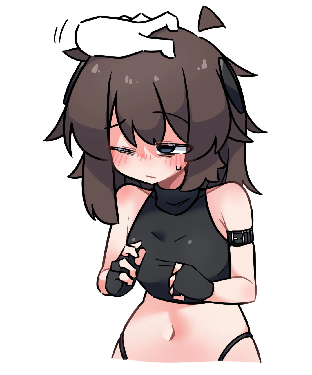 skkazu1, original, highres, non-web source, 1girl, ahoge, armband, bags under eyes, bare shoulders, black eyes, black gloves, black panties, blush, breasts, brown hair, closed mouth, crop top, fingerless gloves, gloves, hair between eyes, hand on another's head, headpat, highleg, highleg panties, kazu (skkazu1), long hair, midriff, navel, nervous, nervous sweating, nose blush, one eye closed, panties, partially fingerless gloves, petting, shirt, simple background, sleeveless, sleeveless shirt, small breasts, solo focus, sweat, sweatdrop, underwear, upper body, white background