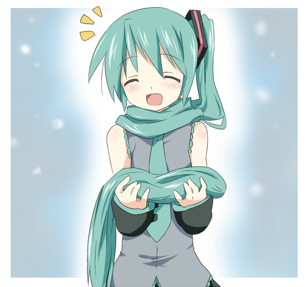 maruki (punchiki), hatsune miku, vocaloid, eyebrows, bad id, bad pixiv id, 1girl, ^^^, ^ ^, alternate hairstyle, aqua hair, bare shoulders, blush, border, closed eyes, cutting hair, detached sleeves, female focus, hair ornament, happy, long hair, outside border, scarf, side ponytail, solo, twintails, upper body, very long hair, white border