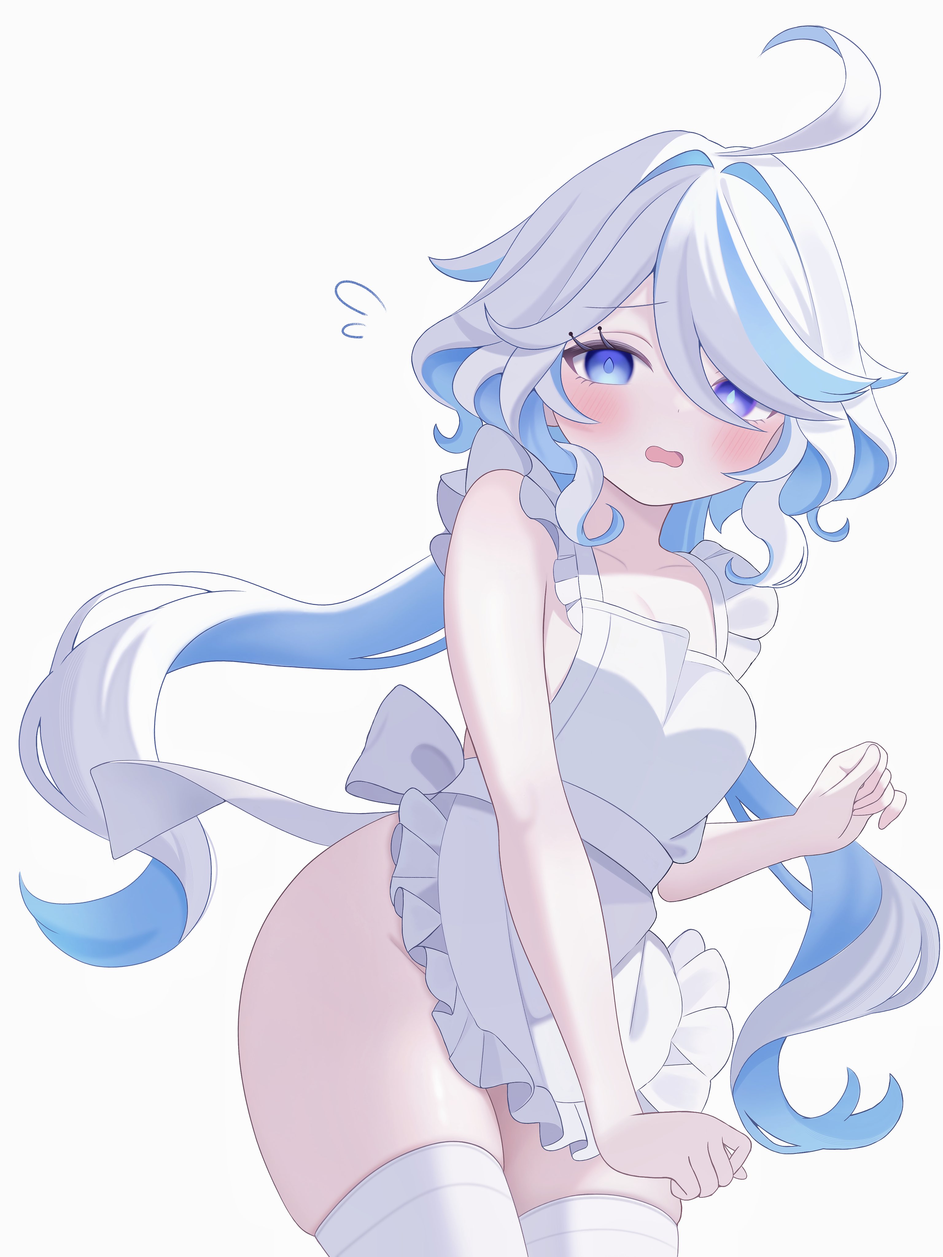 fuminshou (nekopan art), furina (genshin impact), genshin impact, absurdres, commentary, highres, 1girl, ahoge, alternate costume, apron, blue eyes, blue pupils, blue streaks, blush, breasts, collarbone, drop-shaped pupils, frilled apron, frills, hair between eyes, hand up, heterochromia, long hair, looking at viewer, multicolored hair, naked apron, open mouth, peanut mouth, simple background, solo, streaked hair, symbol-shaped pupils, thighhighs, very long hair, white apron, white background, white hair, white thighhighs