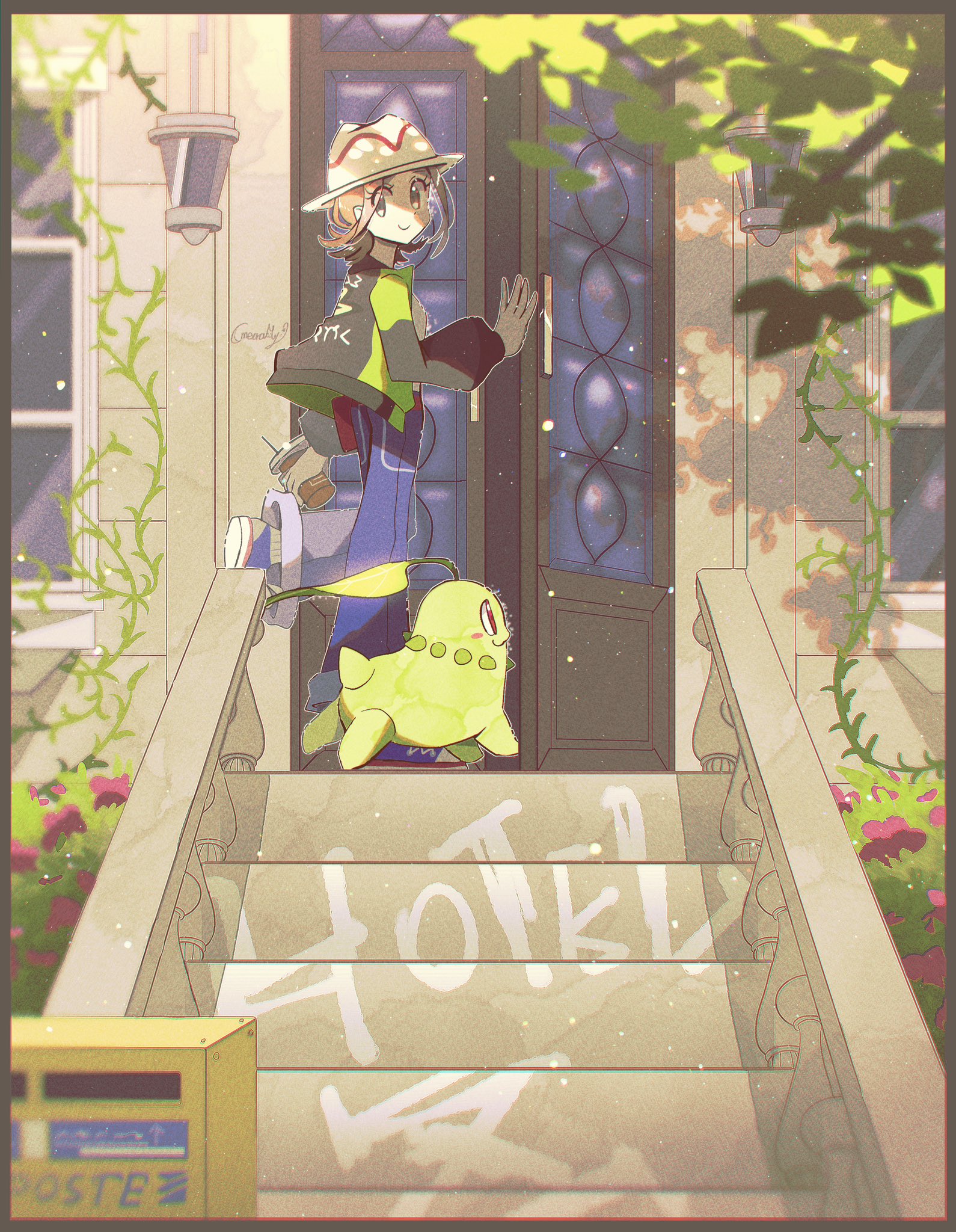 fukkatsu no maya, chikorita, harmony (pokemon), nintendo, pokemon, pokemon legends: z-a, highres, 1girl, bell-bottoms, brown eyes, brown hair, cup, door, flower, gen 2 pokemon, green jacket, hat, holding, holding cup, jacket, opening door, pants, plant, pokemon (creature), short hair, striped hat, vines, white hat