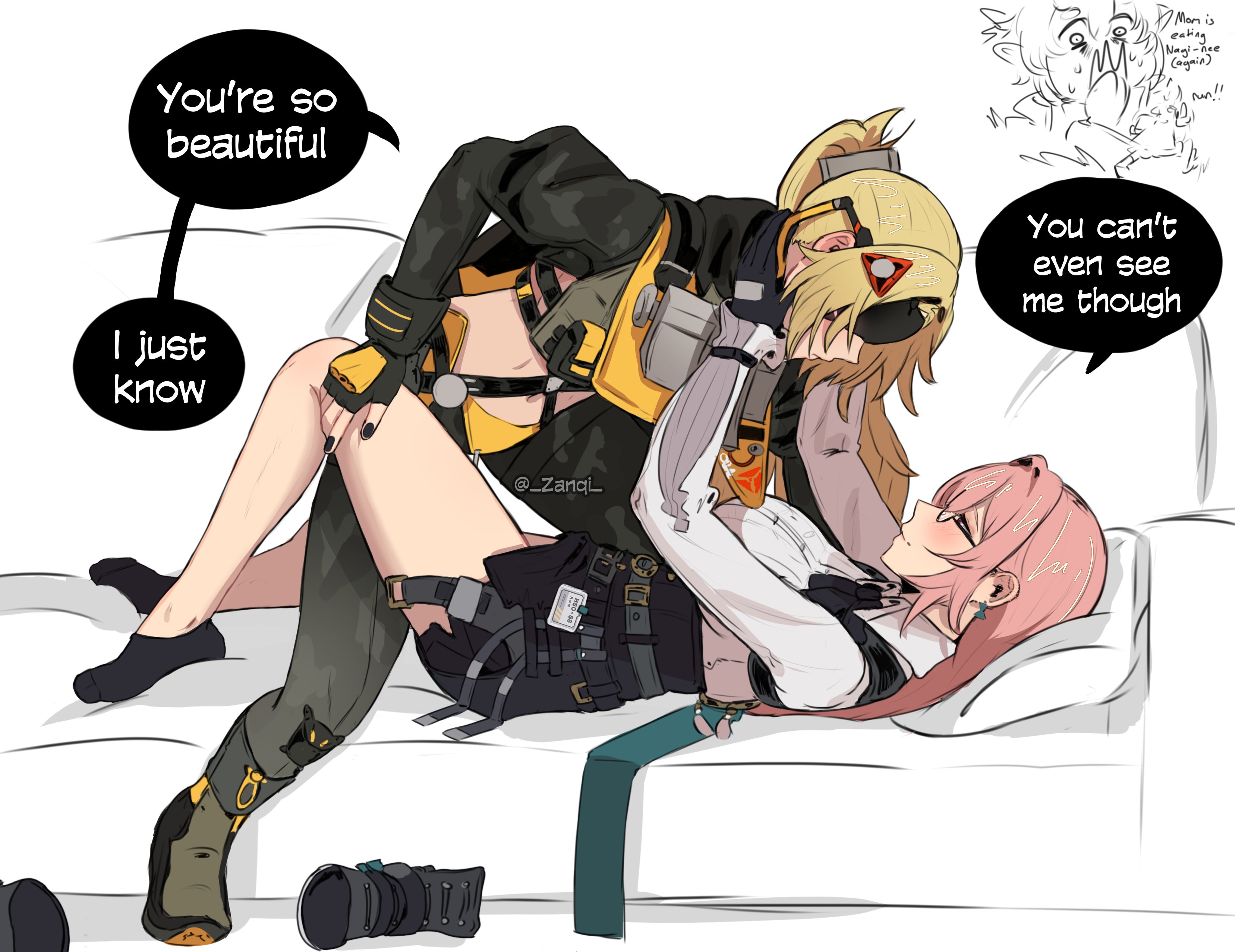zanqi, soukaku (zenless zone zero), trigger (zenless zone zero), tsukishiro yanagi, zenless zone zero, absurdres, commentary, english commentary, highres, 3girls, ammunition pouch, between legs, black boots, black gloves, black nails, black pants, black shrug, black socks, blindfold mask, blonde hair, blush, boots, camouflage, camouflage jacket, camouflage pants, closed mouth, couch, covered eyes, earrings, fingerless gloves, frilled sleeves, frills, girl on top, glasses, gloves, glowing mask, hair ornament, hand on another's leg, hand on another's thigh, hands on another's neck, high-waist skirt, hourglass earrings, id card, jacket, jewelry, latex pants, long hair, looking at another, lying, mask, multiple girls, navel, on back, on couch, pants, pencil skirt, pillow, pink hair, ponytail, pouch, ring hair ornament, shirt, shrug (clothing), simple background, skirt, smile, socks, speech bubble, stomach, sweat, sweatdrop, tight clothes, tight pants, triangle hair ornament, unworn clothes, white background, white shirt, yuri, zipper pull tab