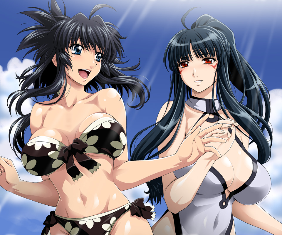 isse, original, 2girls, ahoge, bikini, black hair, blue eyes, blue hair, breasts, choker, cleavage, cloud, day, happy, large breasts, long hair, midriff, multiple girls, ponytail, print bikini, red eyes, sky, swimsuit, tattoo
