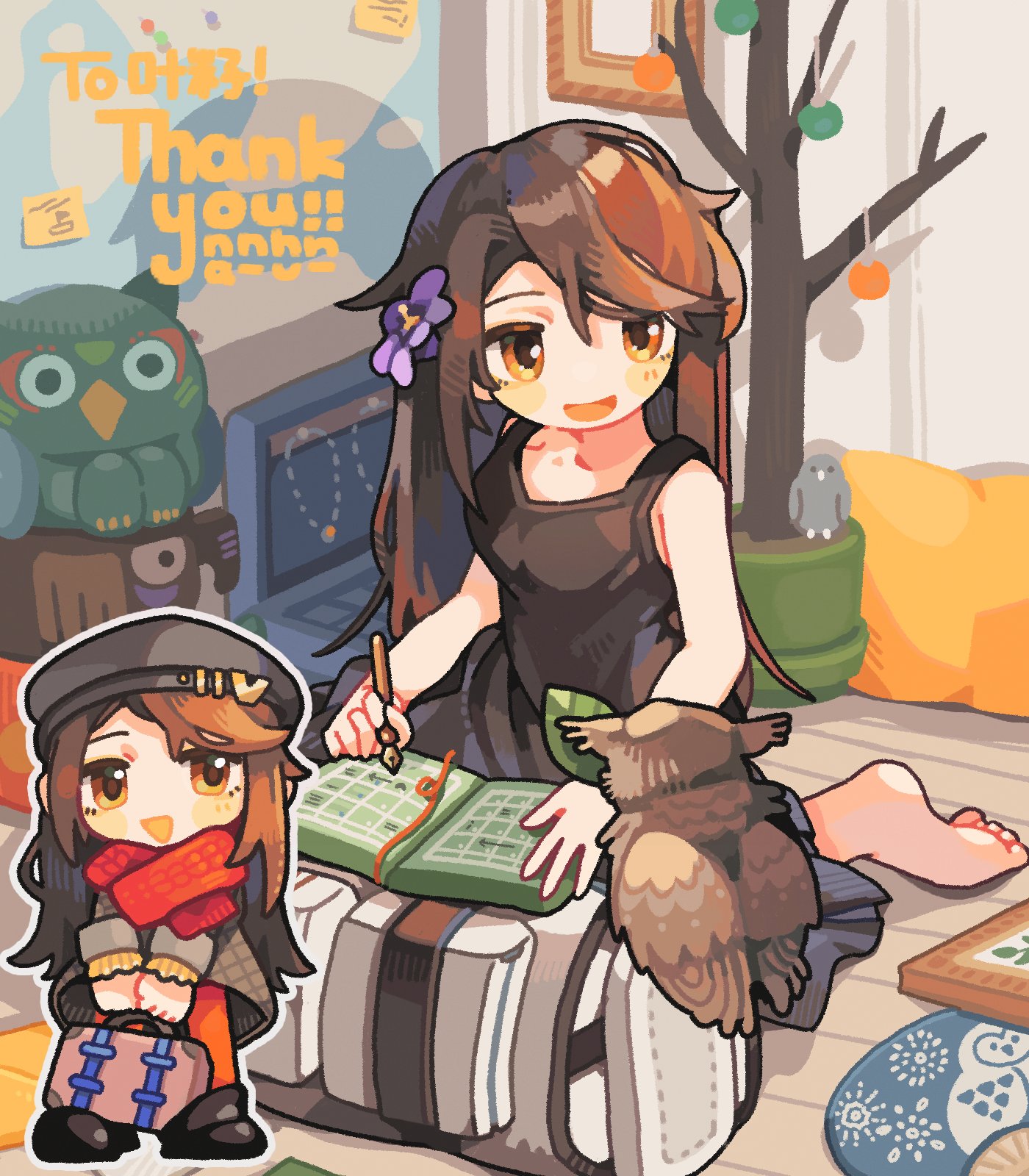 tabunnanhun, original, commentary, commission, highres, skeb commission, 1girl, :d, bare arms, bare shoulders, barefoot, bird, black shoes, black tank top, blush stickers, breasts, brown eyes, brown hair, chibi, coat, flower, full body, grey coat, hair flower, hair ornament, holding, holding pen, long hair, long sleeves, medium breasts, open mouth, outline, owl, pen, purple flower, red scarf, scarf, shoes, sitting, smile, suitcase, tank top, thank you, white outline
