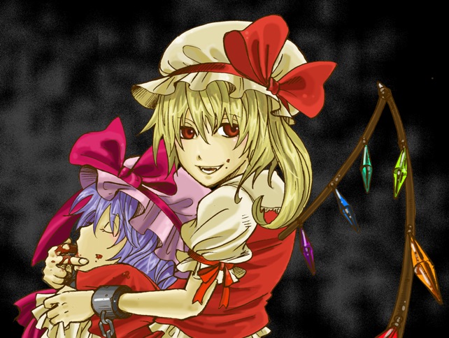charin, flandre scarlet, remilia scarlet, touhou, bad id, bad pixiv id, 2girls, blonde hair, blood, blue hair, chain, fangs, female focus, gradient background, hat, mob cap, multiple girls, red eyes, short hair, siblings, sisters, teeth, upper body, vampire, wings