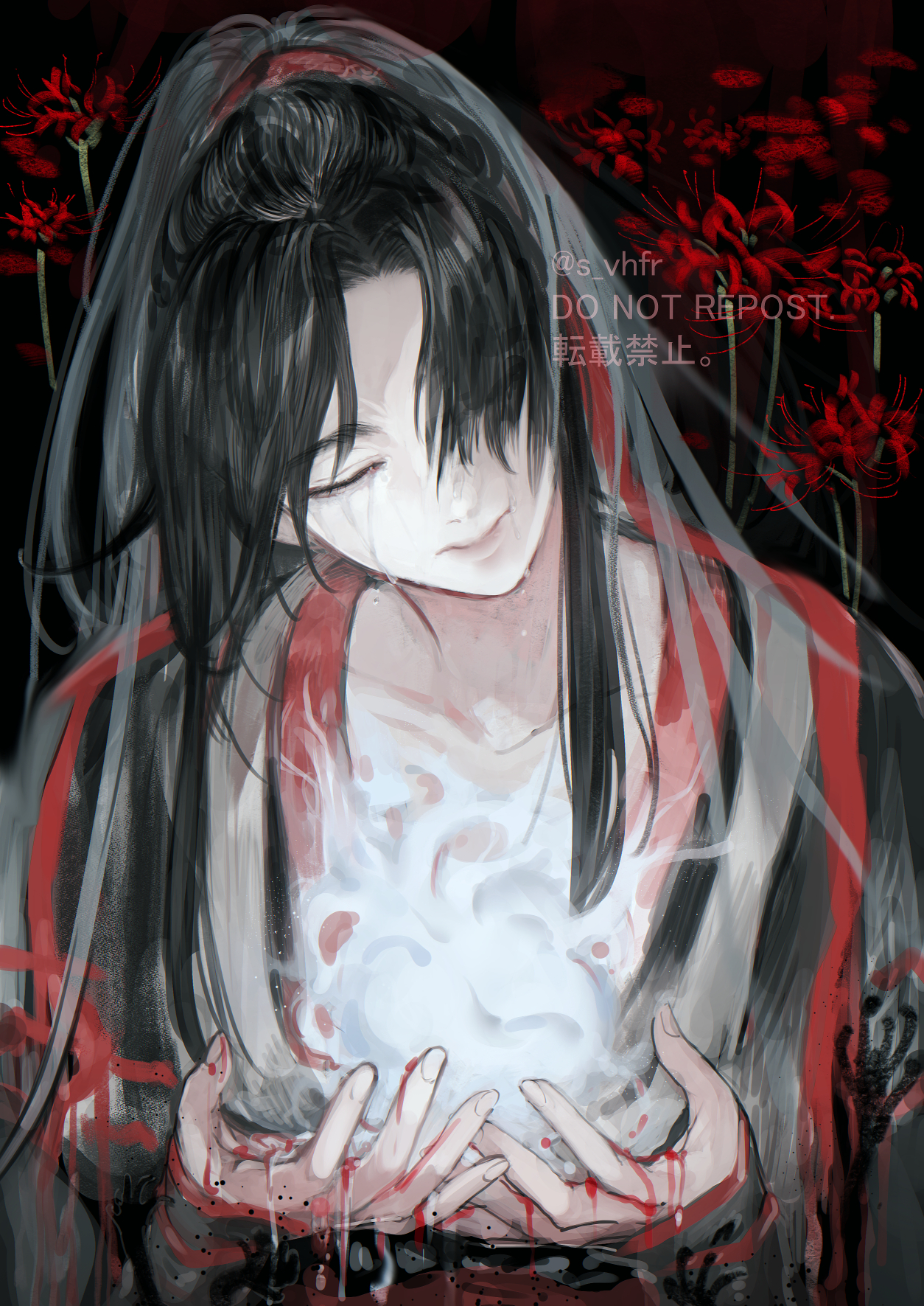 konno shimako, wei wuxian, modao zushi, highres, 1boy, aura, bishounen, black background, black hair, black hanfu, bleeding, blood, blood on hands, chinese clothes, closed eyes, closed mouth, collarbone, crying, flower, hair over one eye, hair ribbon, hanfu, head tilt, long hair, long sleeves, male focus, parted bangs, ponytail, red flower, red ribbon, ribbon, robe, sidelocks, sleeves past wrists, smoke, solo, spider lily, tears, twitter username, upper body, watermark
