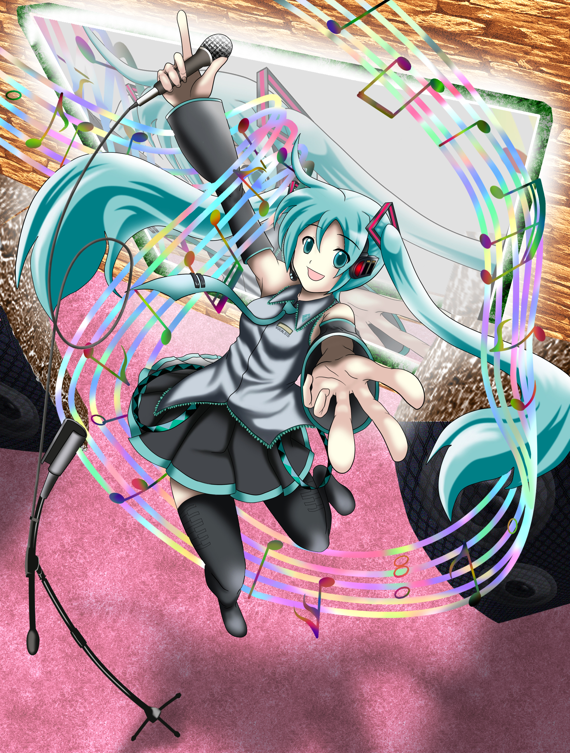 yukihanaok, hatsune miku, vocaloid, absurdres, bad id, bad pixiv id, highres, 1girl, aqua eyes, aqua hair, colorful, detached sleeves, female focus, long hair, microphone, microphone stand, musical note, musical staff, necktie, outstretched arm, outstretched hand, reaching, skirt, solo, thighhighs, twintails