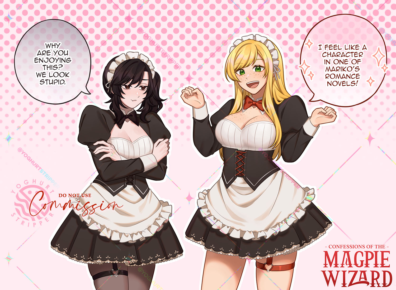 yoghurtstripper, original, 2girls, alternate costume, apron, black bow, black bowtie, black dress, black hair, blonde hair, bow, bowtie, brown eyes, crossed arms, detached collar, dress, enmaided, frilled apron, frilled dress, frills, green eyes, maid, maid apron, maid headdress, multiple girls, puffy sleeves, red bow, red bowtie, skirt, waist apron, wrist cuffs