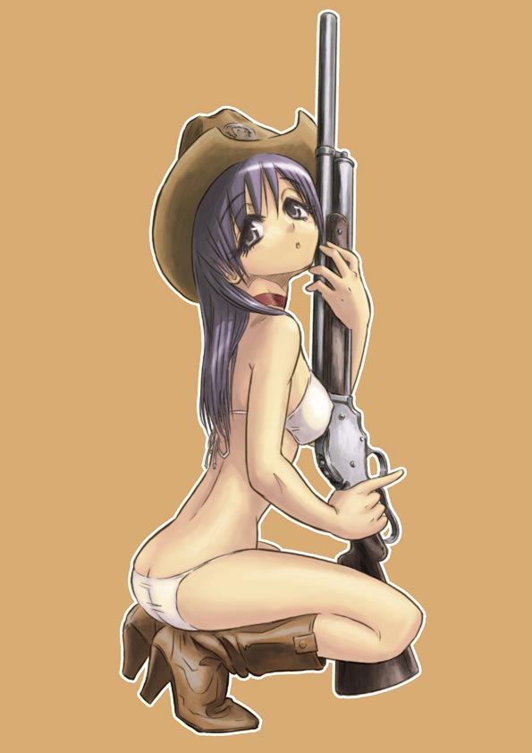 kurayami joe, original, 1girl, :o, ass, bikini, boots, breasts, butt crack, choker, cowboy boots, cowboy hat, cowboy western, female focus, full body, gun, hat, high heels, lever action, long hair, medium breasts, purple eyes, purple hair, rifle, shoes, shotgun, simple background, solo, swimsuit, trigger discipline, weapon, white bikini, winchester model 1887