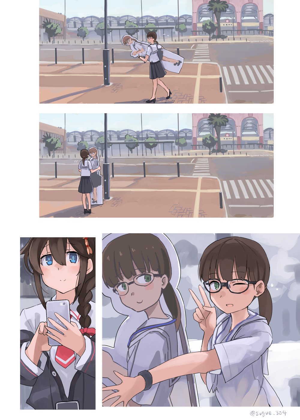 sugue tettou, c2-chan, shigure (kancolle), shigure (sasebo 2018) (kancolle), shigure kai ni (kancolle), c2 kikan, kantai collection, highres, black jacket, black skirt, blue sky, cardboard cutout, cellphone, cloud, collared shirt, crosswalk, day, dress shirt, intersection, jacket, jacket partially removed, meta, necktie, outdoors, phone, pleated skirt, red necktie, sailor collar, sailor shirt, school uniform, serafuku, shirt, skirt, sky, smartphone, taking picture, upper body, v, white sailor collar, white shirt