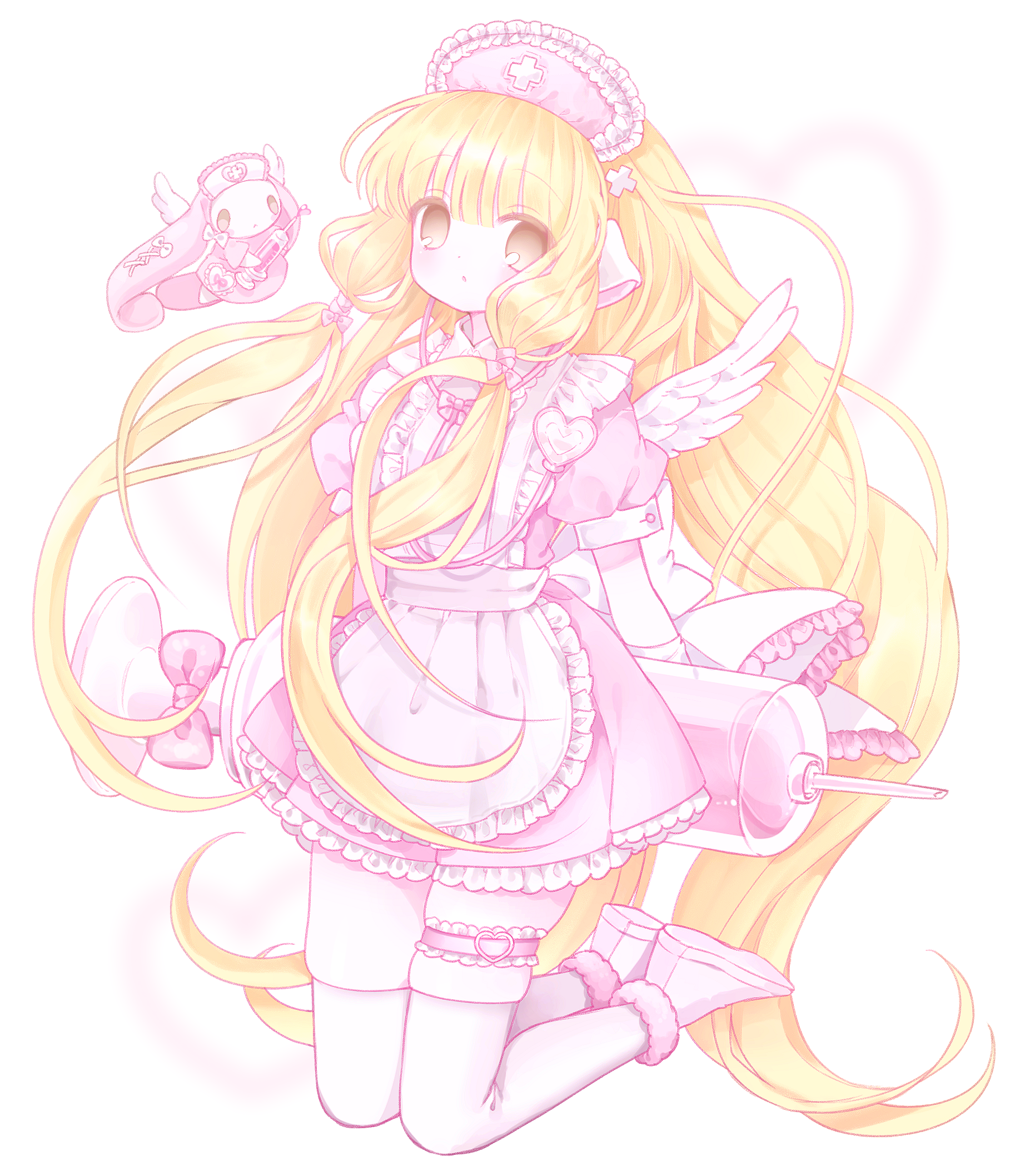 mipi (u3u 00), atashi (chobits), chii, chobits, commentary, english commentary, highres, 1girl, android, angel wings, apron, arms behind back, back bow, blonde hair, blunt bangs, bow, closed mouth, collared dress, colored skin, dot mouth, dress, expressionless, fake wings, flat chest, floating hair, frilled apron, frilled bow, frilled headwear, frilled thigh strap, frills, full body, hair bow, hair ornament, hat, holding, holding syringe, humanoid robot, kneeling, large syringe, long hair, looking at viewer, low twintails, nurse, nurse cap, oversized object, persocom (chobits), pink bow, pink dress, pink headdress, pink shoes, puffy short sleeves, puffy sleeves, robot, robot ears, shoe soles, shoes, short sleeves, simple background, skindentation, solo, stethoscope, syringe, thigh strap, thighhighs, twintails, very long hair, white apron, white background, white bow, white skin, white thighhighs, white wings, wings, x hair ornament, yellow eyes