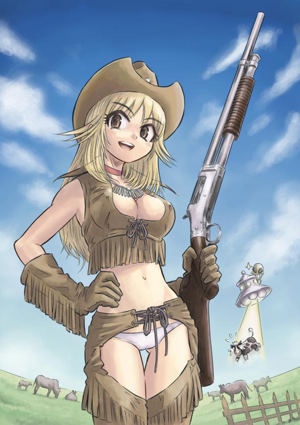 kurayami joe, original, 1girl, abduction, alien, blonde hair, breasts, brown eyes, chaps, choker, cleavage, cloud, cow, cowboy hat, cowboy shot, cowboy western, day, evil grin, evil smile, female focus, fisheye, flying saucer, fringe trim, front-tie top, gloves, grin, gun, hand on own hip, happy, hat, holding, holding gun, holding weapon, jewelry, large breasts, left-handed, long hair, looking at viewer, midriff, navel, necklace, no pants, open mouth, outdoors, panties, pump action, rifle, scared, shotgun, sky, smile, solo, solo focus, spacecraft, thigh gap, thighhighs, trigger discipline, ufo, underwear, weapon, white panties, winchester model 1897