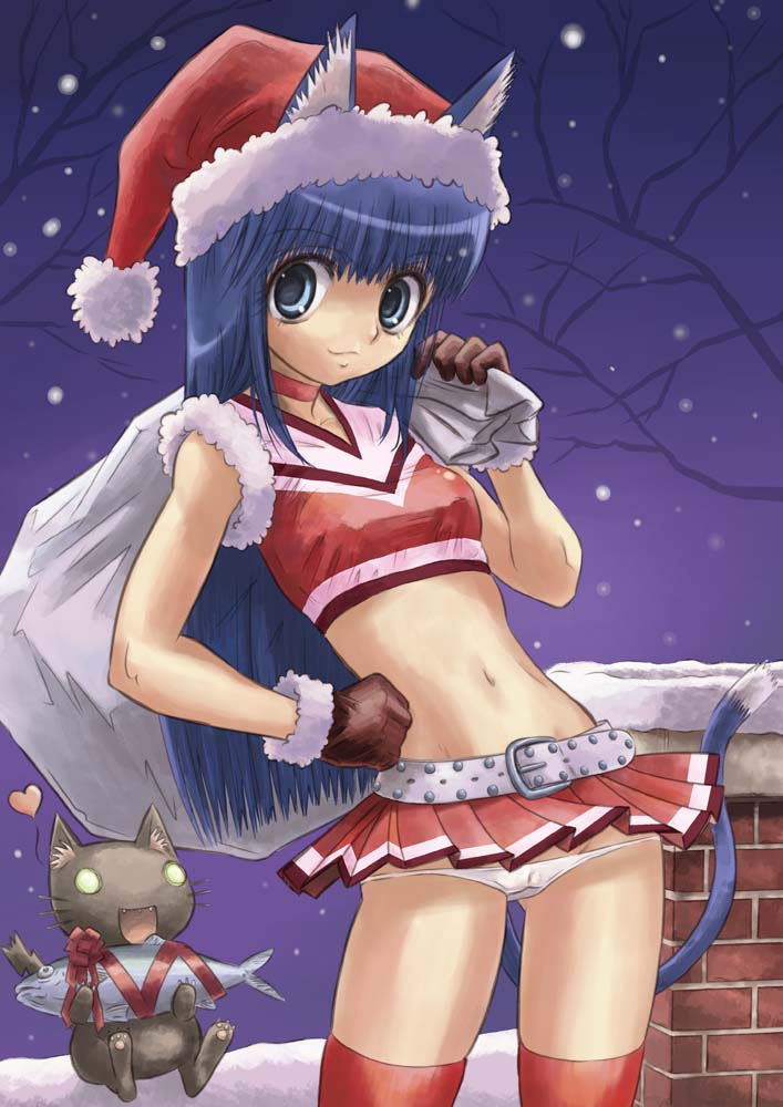 kurayami joe, original, 1girl, animal ears, belt, blue eyes, blue hair, cameltoe, cat, cat ears, cat tail, christmas, crop top, female focus, fish, gloves, hat, heart, long hair, looking at viewer, lowleg, lowleg panties, matching hair/eyes, midriff, miniskirt, navel, panties, pantyshot, ribbon, sack, santa costume, santa hat, shirt, skindentation, skirt, snow, solo, studded belt, tail, taut clothes, taut shirt, thighhighs, underwear, upskirt