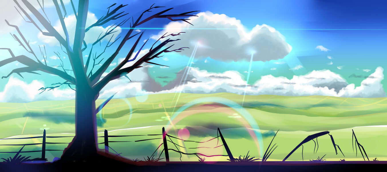 marble (pixiv), marble (pixiv34840), ef (visual novel), bad id, bad pixiv id, long image, wide image, 00s, bloom, cloud, day, fence, grass, landscape, laser, lens flare, no humans, scenery, sky, tree
