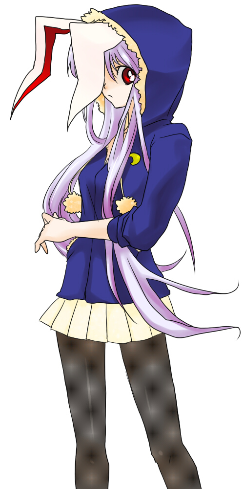 shimomoto, reisen udongein inaba, touhou, bad id, bad pixiv id, 1girl, alternate costume, animal ears, contemporary, female focus, hood, hoodie, long hair, pantyhose, purple hair, rabbit ears, red eyes, skirt, solo