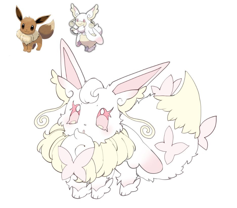plushcharm, audino, eevee, mega audino, nintendo, original, pokemon, commentary, english commentary, animal focus, bug, butterfly, fakemon, fluffy, fusion, gen 1 pokemon, gen 5 pokemon, insect, looking at viewer, mega pokemon, no humans, pink eyes, pokemon (creature), pokemon focus, simple background, standing, white background, white fur
