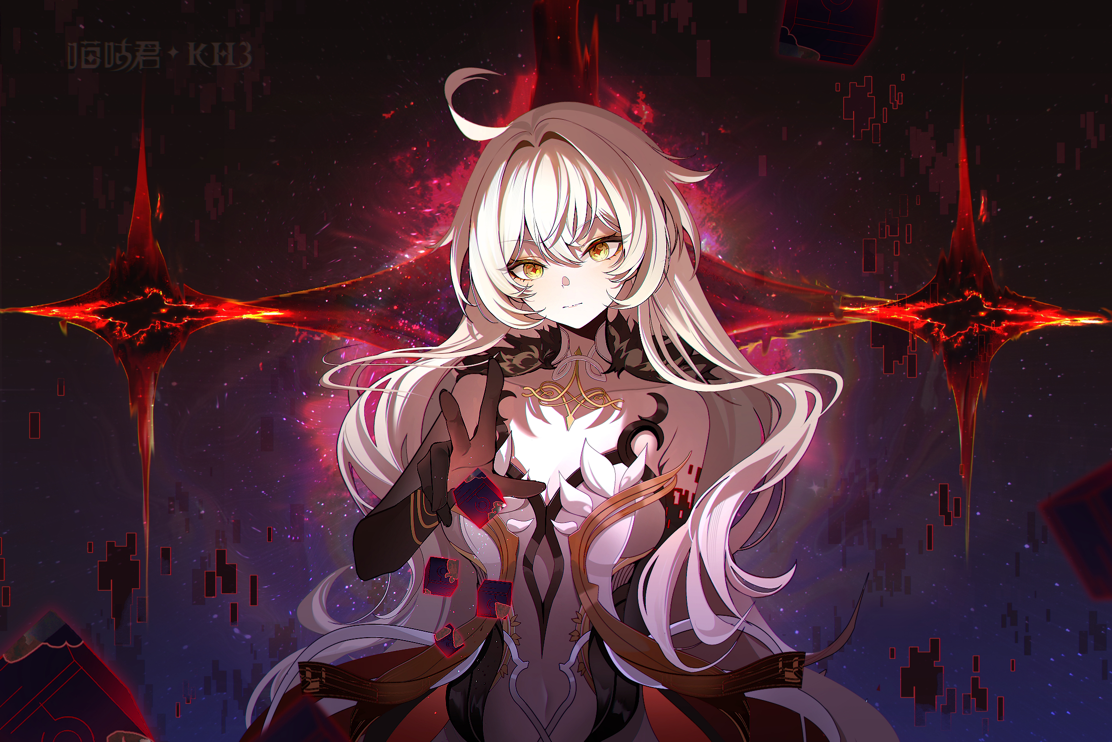 miaogujun, asmoday (genshin impact), genshin impact, highres, 1girl, ahoge, artist name, bare shoulders, closed mouth, collarbone, cube, fur trim, gloves, hair between eyes, hair intakes, long hair, looking at viewer, solo, strapless, symbol-shaped pupils, upper body, white hair, yellow eyes