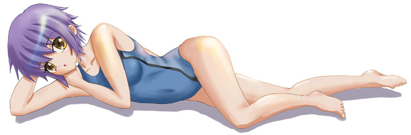 tokio kakeru, nagato yuki, suzumiya haruhi no yuuutsu, silver hair, bad id, bad pixiv id, 00s, brown eyes, competition swimsuit, lying, one-piece swimsuit, short hair, solo, swimsuit