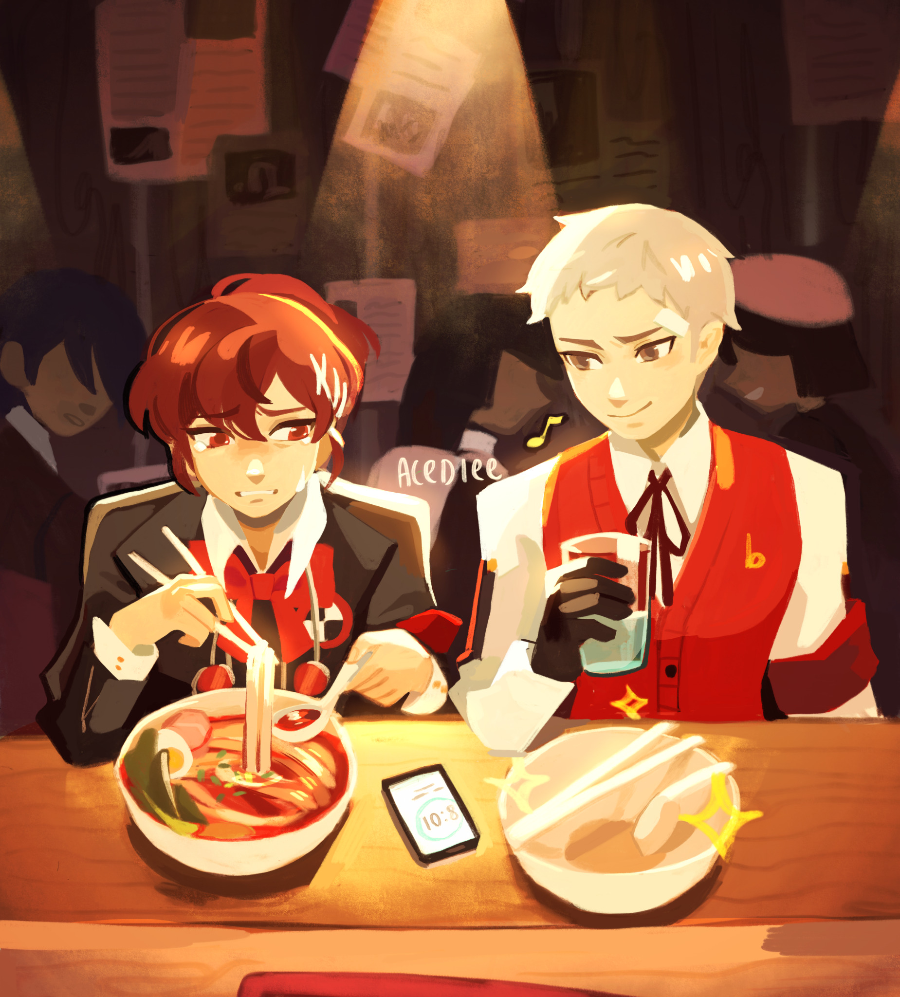 sanada akihiko, shiomi kotone, persona, persona 3, persona 3 portable, commentary, english commentary, highres, revision, 1boy, 1girl, acediee, armband, artist name, black gloves, bow, bowl, bowtie, brown eyes, brown hair, cellphone, chopsticks, closed mouth, collared shirt, cup, food, gekkoukan high school uniform, glass, gloves, grey hair, hair ornament, hairclip, holding, holding cup, in-universe location, indoors, long sleeves, looking at another, looking to the side, musical note, noodles, phone, ramen, red armband, red bow, red bowtie, red eyes, red vest, restaurant, school uniform, shirt, short hair, signature, sitting, smartphone, smile, table, tears, upper body, vest, white shirt