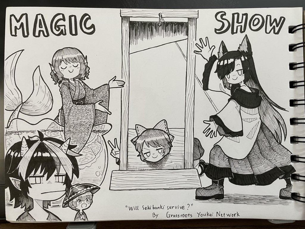 suteruko, imaizumi kagerou, kijin seija, sekibanki, sukuna shinmyoumaru, wakasagihime, touhou, photo (medium), traditional media, 5girls, animal ears, bowl, bowl hat, closed eyes, closed mouth, cone horns, dress, drill hair, drill sidelocks, english text, fins, greyscale, guillotine, hat, head fins, horns, japanese clothes, kimono, long hair, long sleeves, mermaid, mini person, minigirl, monochrome, monster girl, multicolored hair, multiple girls, obi, open mouth, pointy ears, sash, shoes, sidelocks, small horns, smile, streaked hair, tail, v, wide sleeves, wolf ears, wolf girl, wolf tail