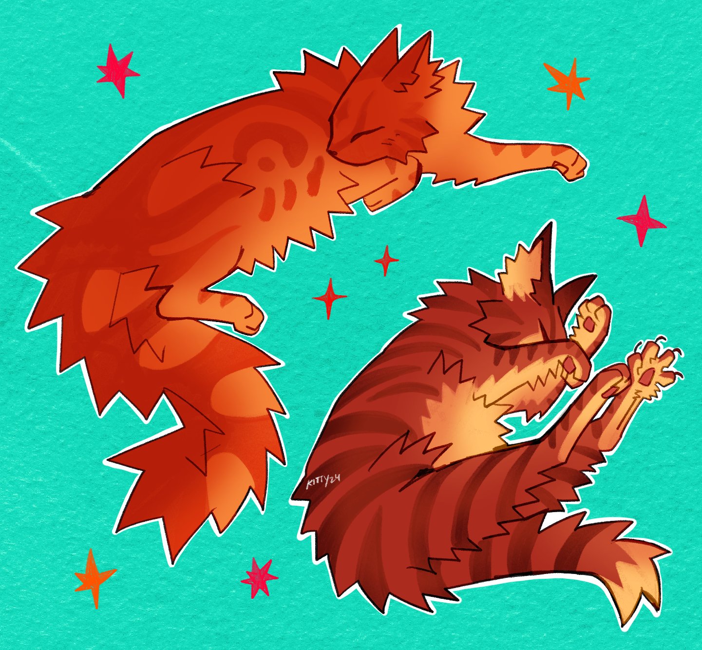 kitty (fernwhisker), leafpool, warrior cats, commentary, english commentary, highres, animal, animal focus, aqua background, brown cat, cat, claws, closed eyes, lying, no humans, orange cat, pawpads, siblings, simple background, sisters, sleeping, sparkle, squirrelstar