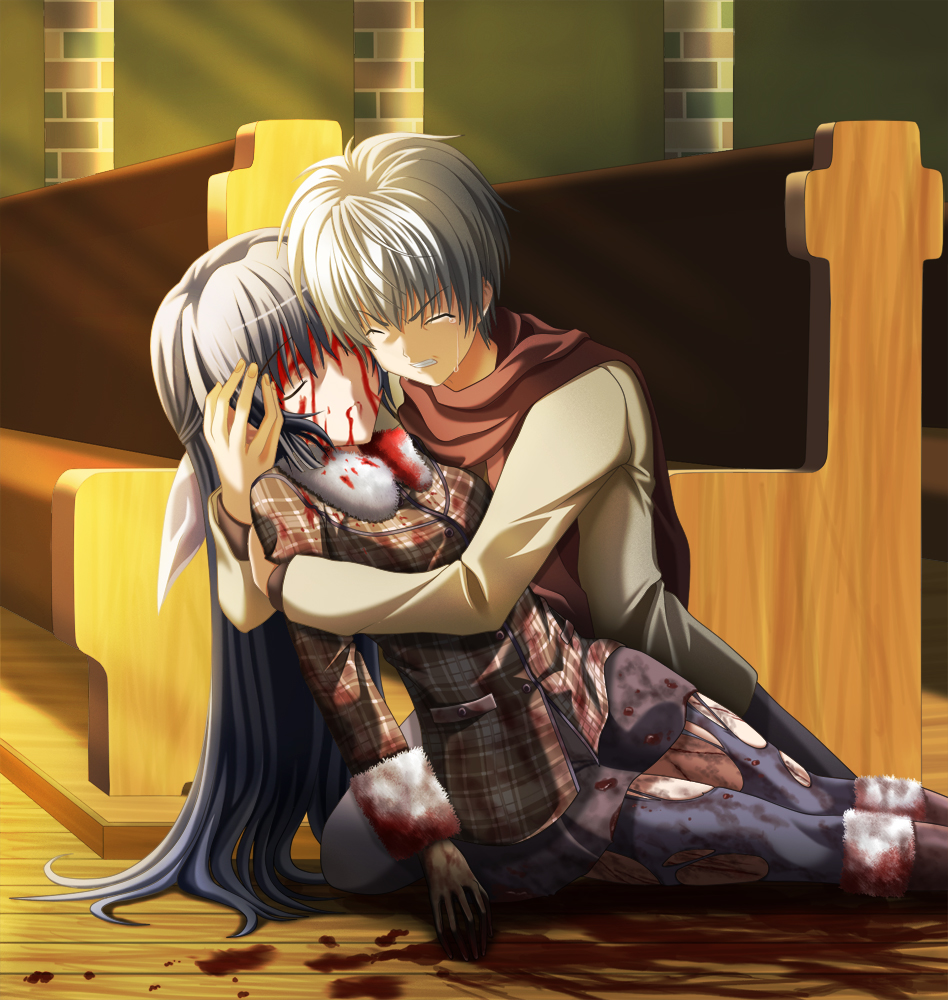 yukihanaok, amamiya yuuko, himura yuu, ef (visual novel), silver hair, bad id, bad pixiv id, spoilers, 00s, blood, death, long hair, short hair, tears