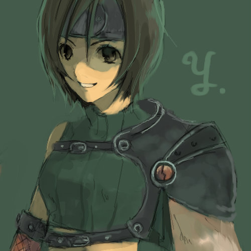 ninja (final fantasy), yuffie kisaragi, final fantasy, final fantasy vii, lowres, 1990s (style), 1girl, armor, bare shoulders, brown eyes, brown hair, female focus, fishnets, headband, midriff, ninja, retro artstyle, short hair, sleeveless, sleeveless turtleneck, smile, solo, turtleneck