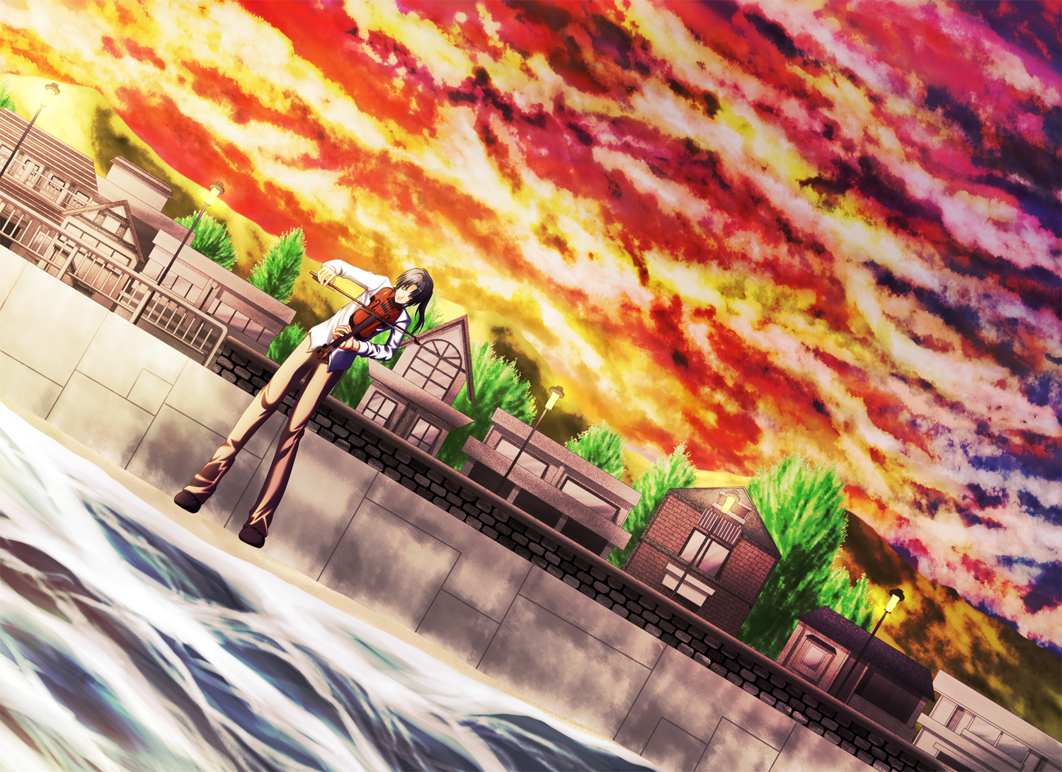 yukihanaok, kuze shuuichi, ef (visual novel), bad id, bad pixiv id, 00s, instrument, male focus, scenery, solo, sunset, violin, water