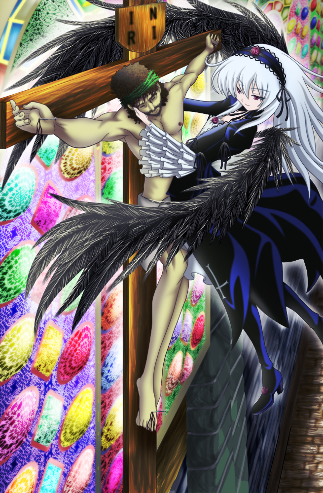 yukihanaok, jesus, jesus christ, suigintou, rozen maiden, silver hair, bad id, bad pixiv id, 00s, 1boy, 1girl, blood, cross, dress, frills, hairband, long hair, purple eyes, wings
