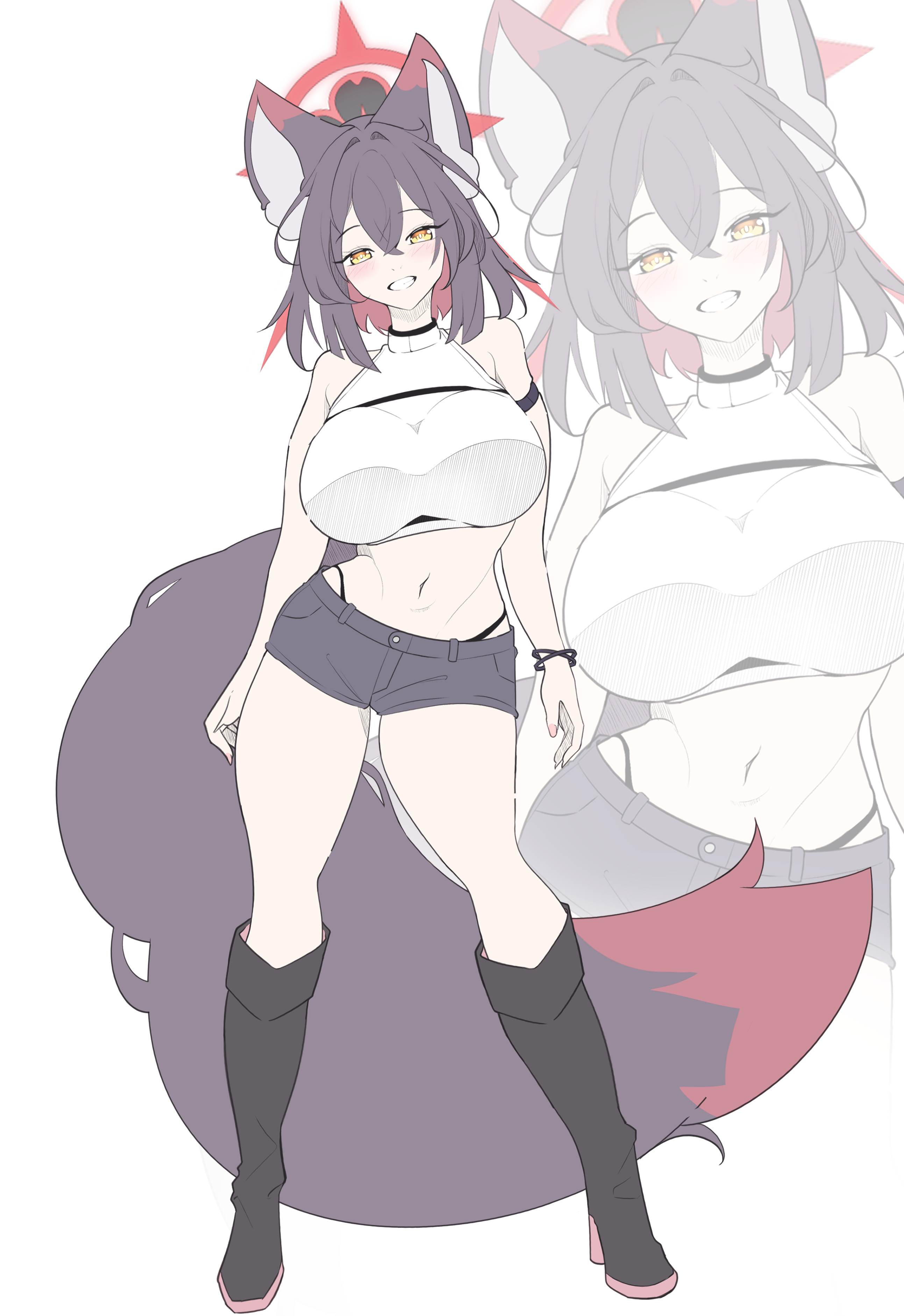 amebrew, wakamo (blue archive), blue archive, absurdres, commentary request, highres, 1girl, alternate costume, alternate hair length, alternate hairstyle, animal ear fluff, animal ears, black boots, black panties, black shorts, boots, breasts, colored inner hair, fox ears, fox girl, fox tail, halo, high heel boots, high heels, highleg, highleg panties, huge breasts, looking at viewer, micro shorts, multicolored hair, navel, panties, red halo, shirt, short hair, shorts, sleeveless, sleeveless turtleneck, smile, solo, tail, turtleneck, turtleneck shirt, underwear, white shirt, yellow eyes, zoom layer