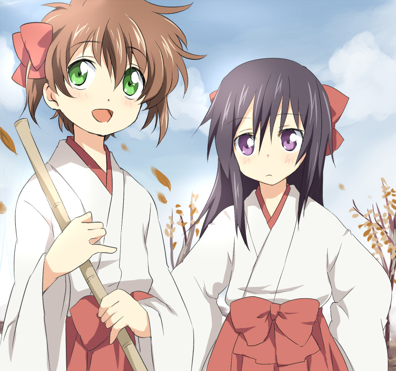 maruki (punchiki), kururugi suzaku, luluko, rolo lamperouge, suzako, code geass, bad id, bad pixiv id, 00s, 2girls, genderswap, genderswap (mtf), hakama, hakama skirt, japanese clothes, miko, multiple girls, red hakama, skirt